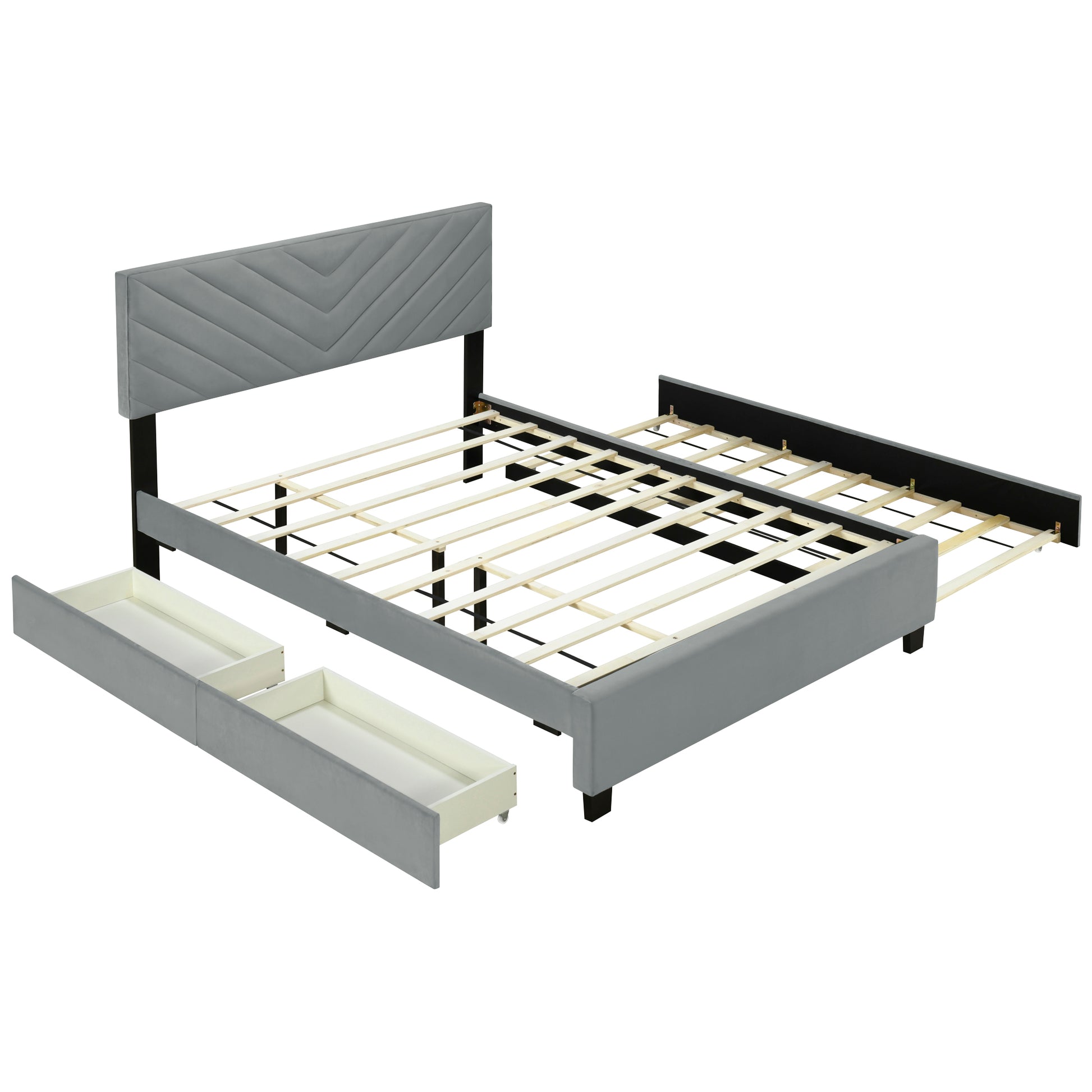 Queen Size Upholstered Platform Bed With Twill Headboard, Pullout Bed And Two Drawers, Flannel,Gray Queen Gray Mdf Lvl