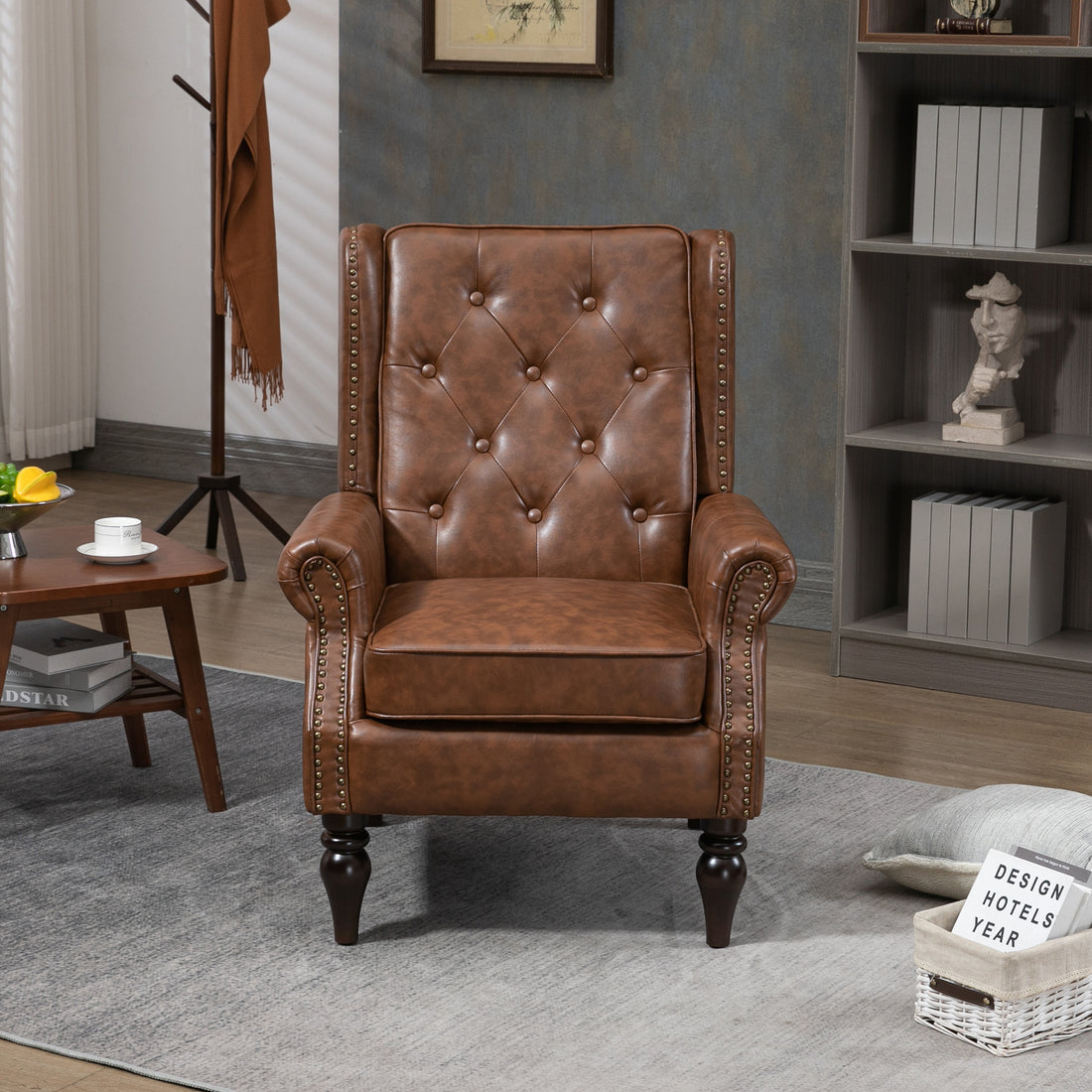 Coolmore Wood Frame Armchair, Modern Accent Chair Lounge Chair With Sturdy Wood Legs For Living Room Bedroom Brown Pu Brown Pu Foam Pu Leather