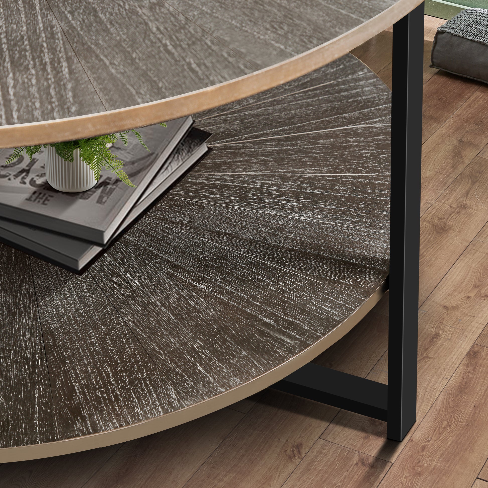 31.5"D X 31.5''W X 18.3''H Round Coffee Table With 2 Tier Storage, Farmhouse Living Room Cocktail Table With Black Metal Leg,Patchwork Desktop Effect Easy Assembly Antique Brown Antique Brown Brown Primary Living Space Antique Floor Mount Round Open