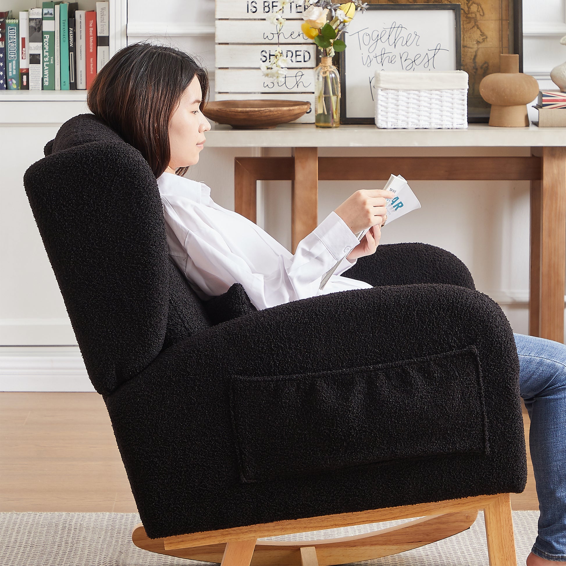 27.2"W Modern Accent High Backrest Living Room Lounge Arm Rocking Chair, Two Side Pocket Black Foam Fabric