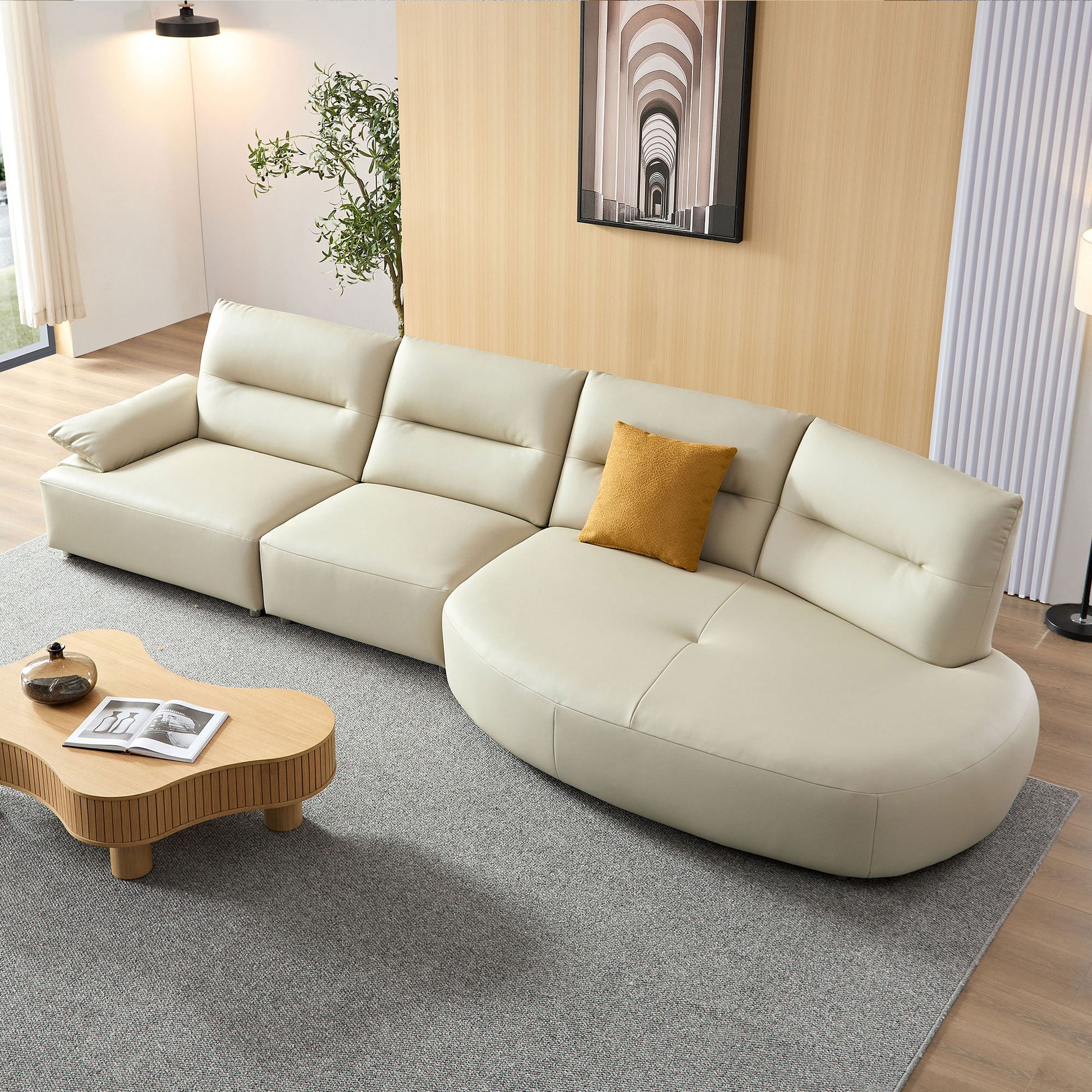 147.24'' Oversied Modern Sectional Curved Shaped Sofa Couch For Living Room,Upholstered 5 Seat Sofa Eco Leather Couch Set,Beige Beige Foam 5 Seat