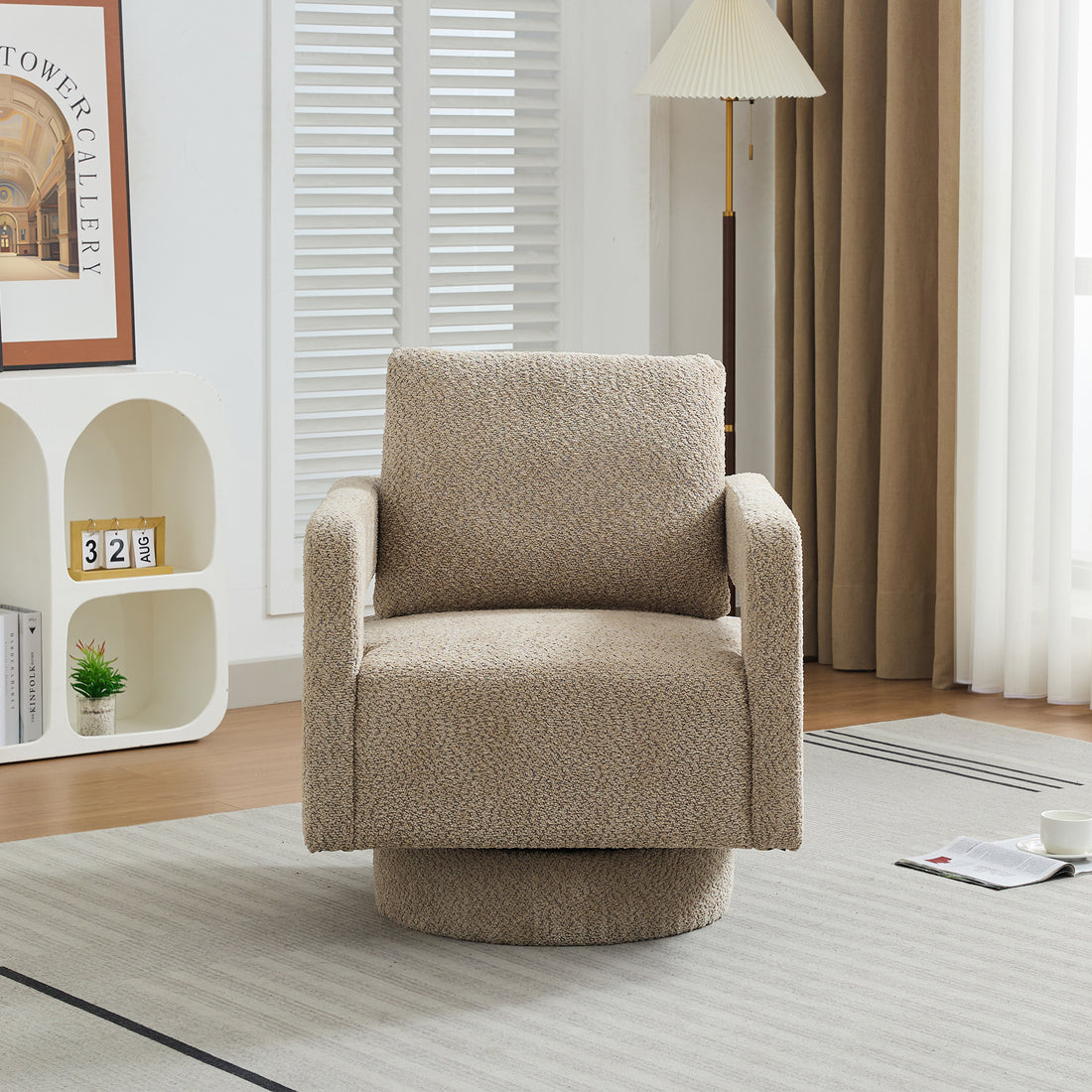 29.13" W Square Swivel Accent Chair, Modern Rotating Arm Chair With Open Back,360 Degree Rotation, Lounge Club Chair With Removable Back Cushion For Living Room, Hotel, Bed Room,Taupe Taupe Boucle