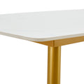 Modern Minimalist Dining Table. White Imitation Marble Patterned Stone Burning Tabletop With Golden Metal Legs. 50 