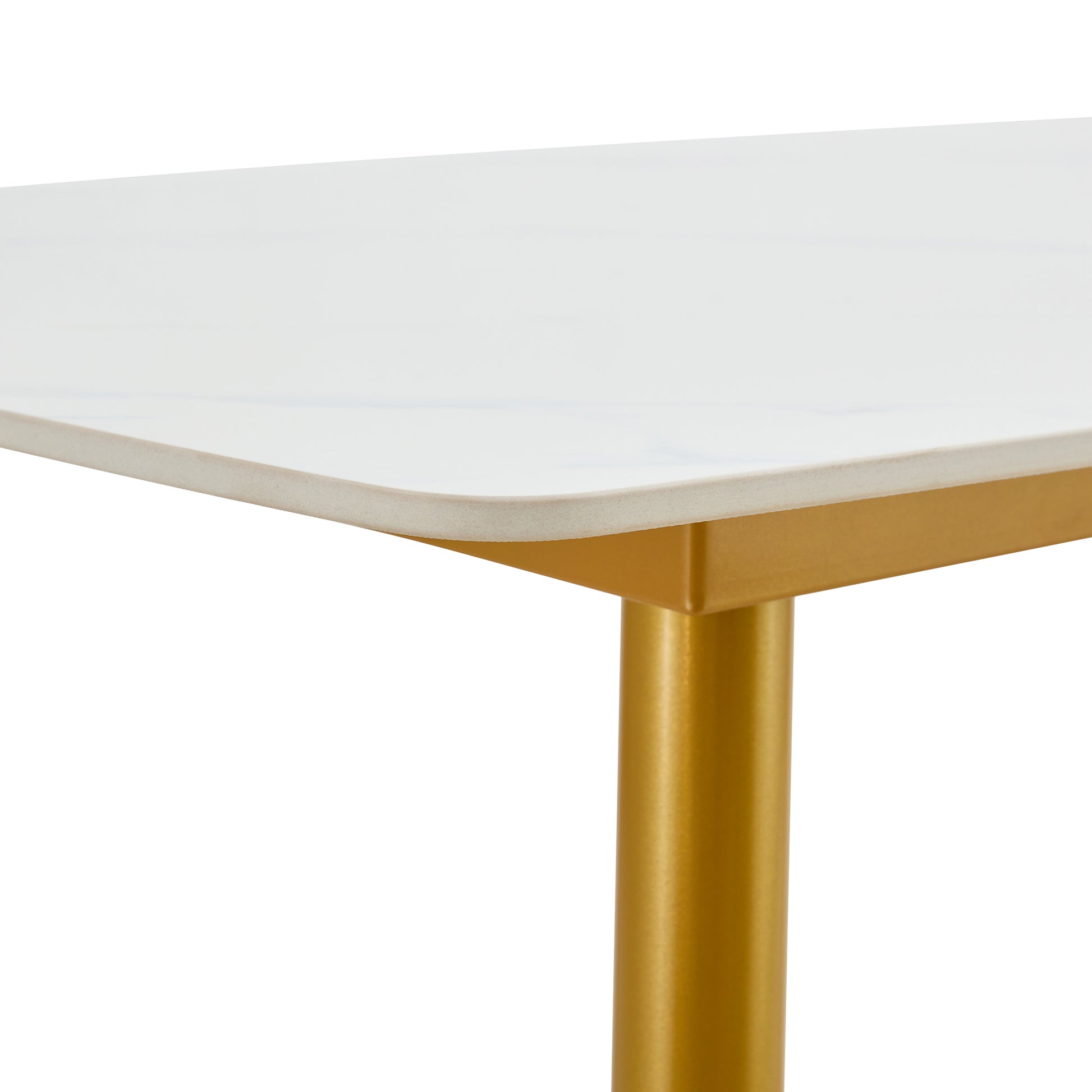 Modern Minimalist Dining Table. White Imitation Marble Patterned Stone Burning Tabletop With Golden Metal Legs. 50 "* 30" * 30 "F 001 Gold Sintered Stone