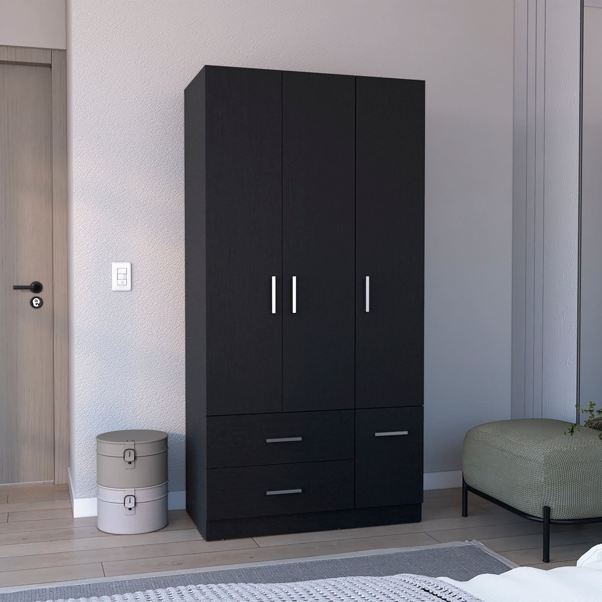 Armoire Wardrove 71", 4 Doors, Hanging Rod, 3 Cabinets, 6 Shelves, Black Black Solid Wood Mdf Engineered Wood