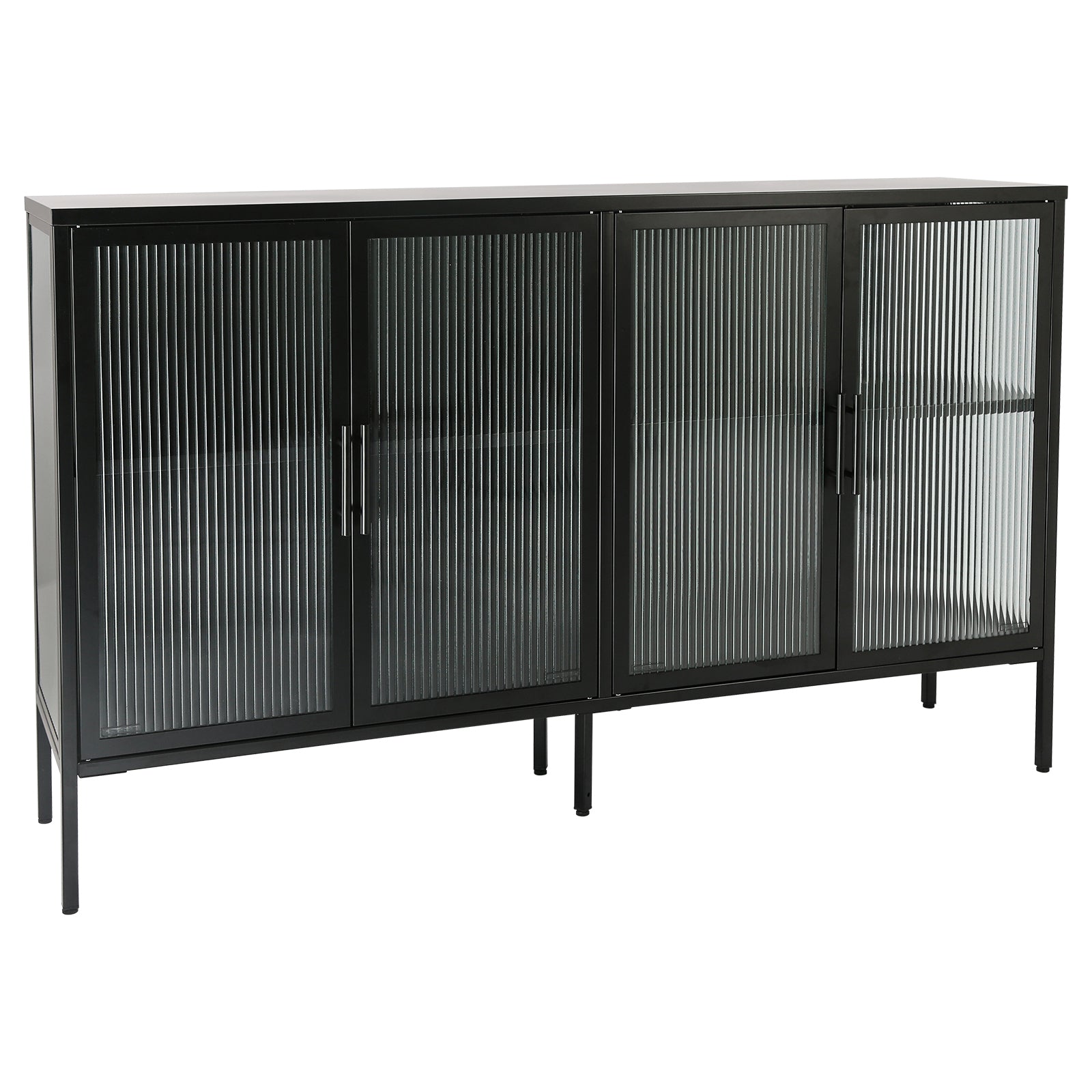 Stylish 4 Door Tempered Glass Cabinet With 4 Glass Doors Adjustable Shelf And Feet Anti Tip Dust Free Fluted Glass Kitchen Credenza Black Black Tempered Glass Sheet Metal Plastic