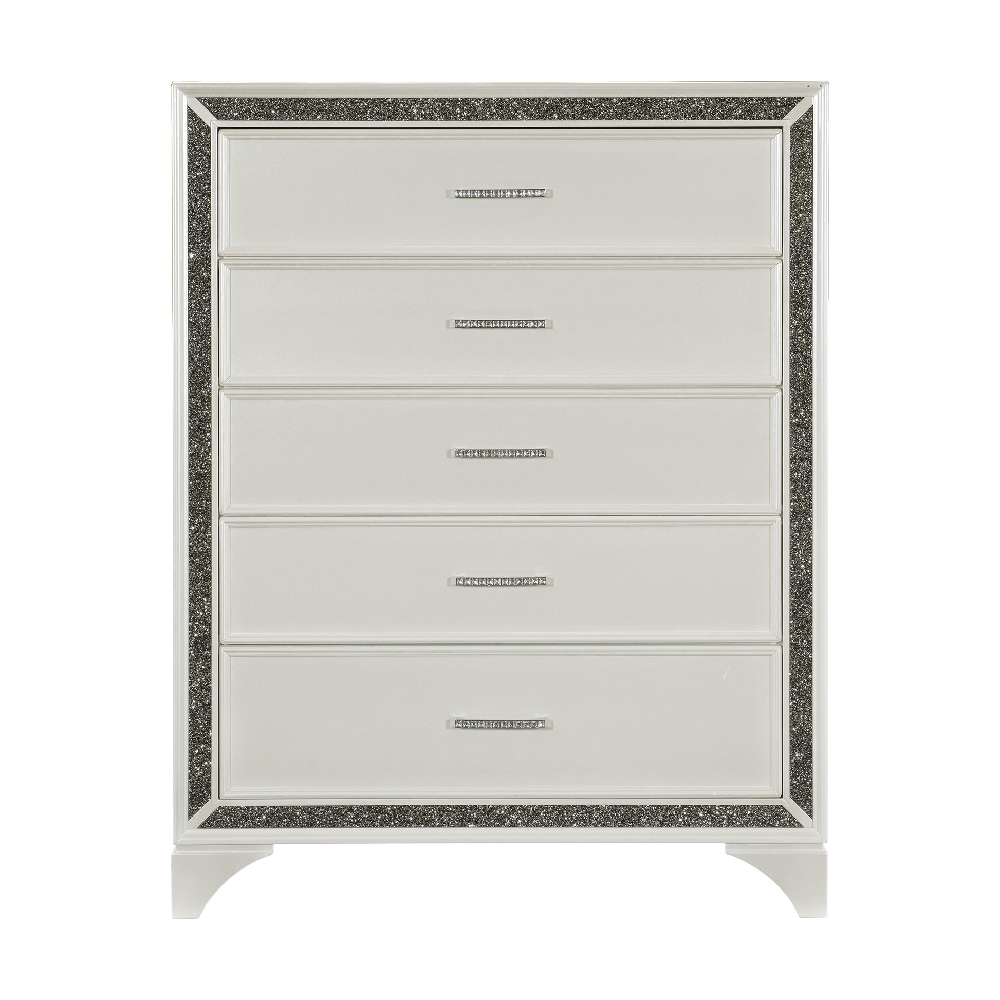 Modern Glam Style Bedroom Furniture Chest Of 5X Drawers 1Pc Pearl White Finish Faux Crystals Handles White Bedroom Glam,Modern Wood