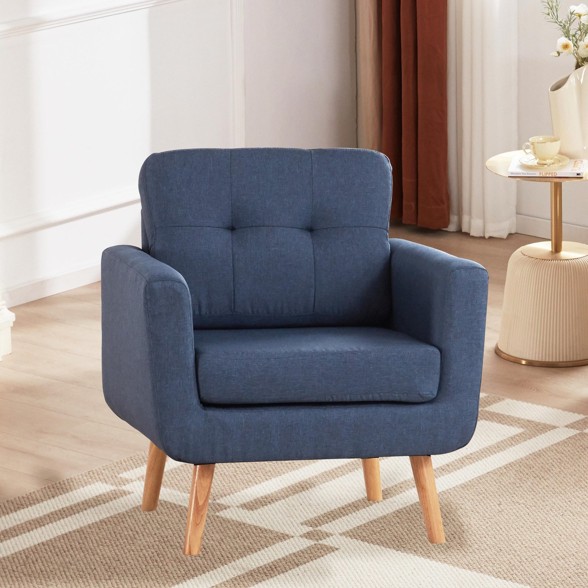 Accent Chair, Reading Chair For Living Room & Bedroom, Mid Century Modern Arm Chair, Button Tufted Upholstered Accent Chairs Sofa With Solid Wood Frame Blue Blue Solid Wood