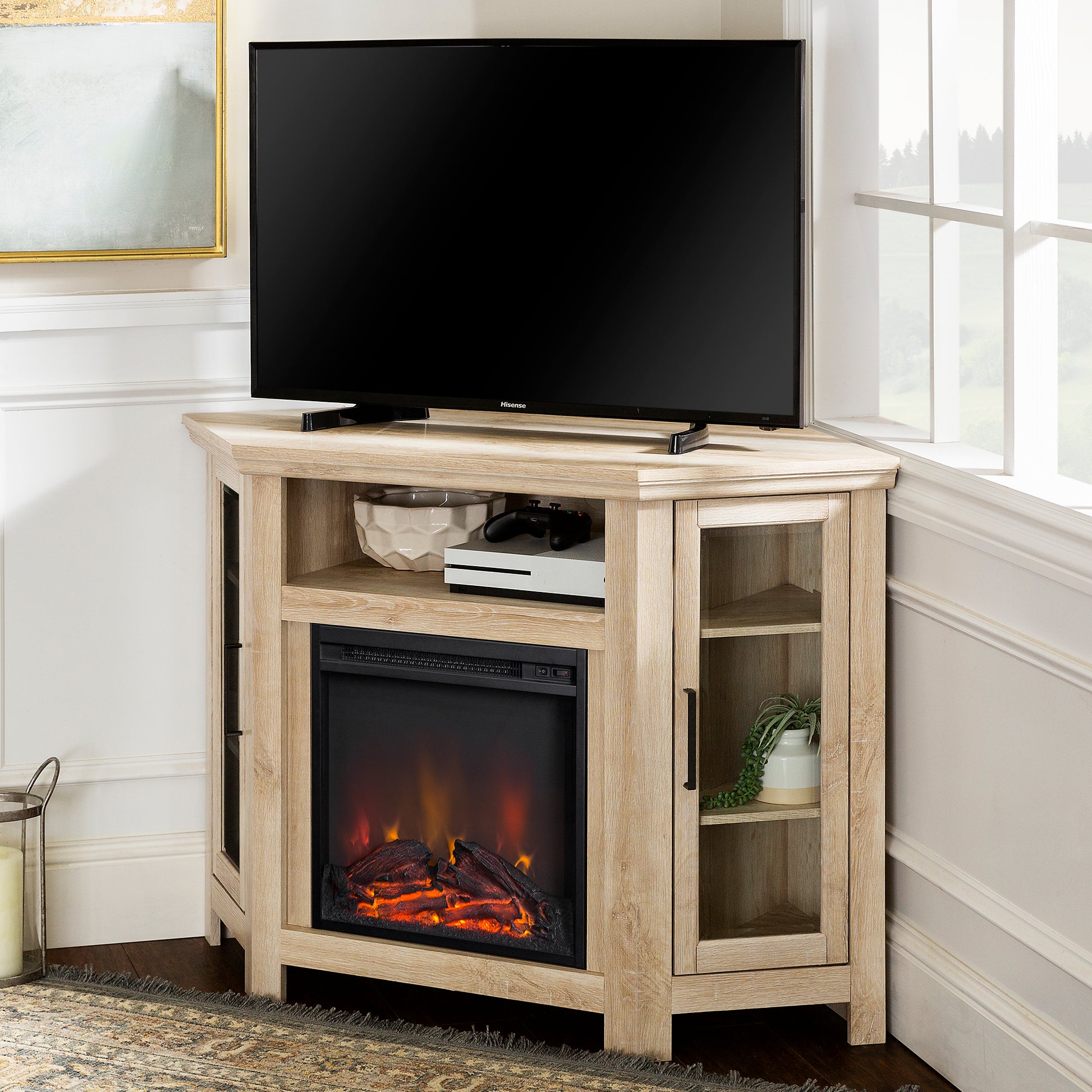 Classic Glass Door Fireplace Tv Stand For Tvs Up To 55" White Oak Brown Mdf