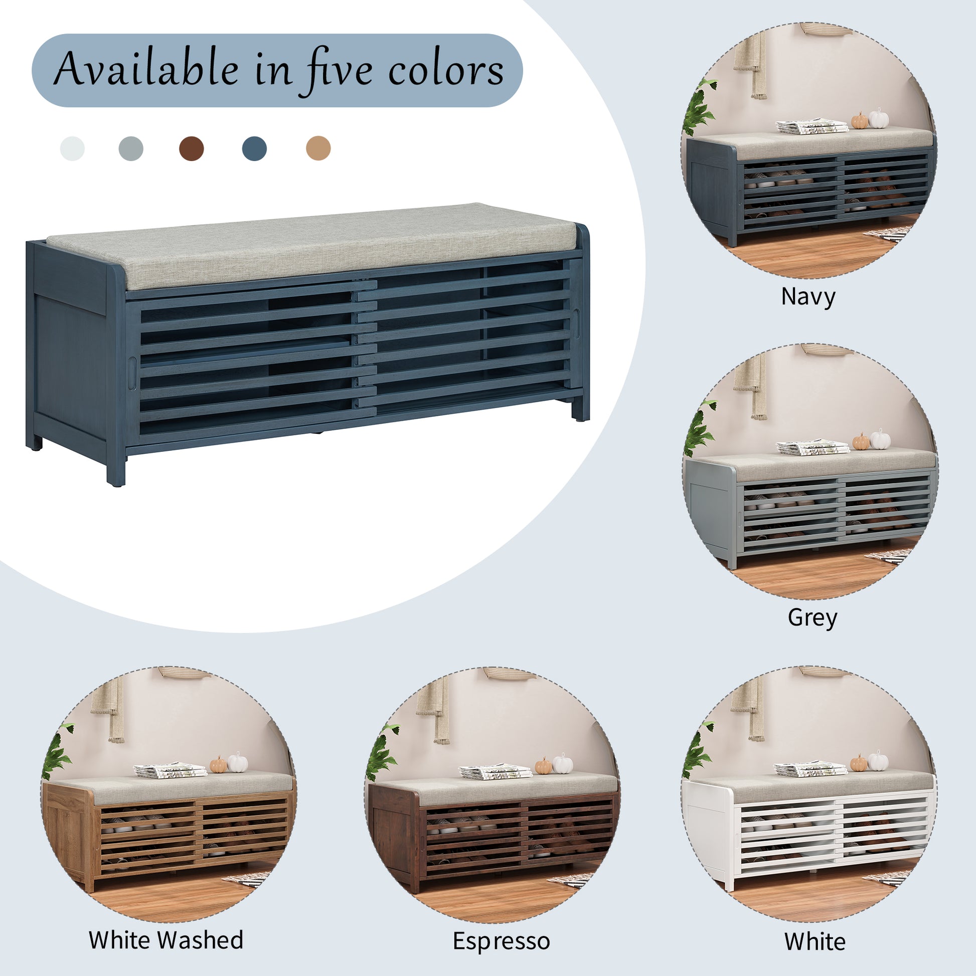 Distressed Shutter Storage Bench With Acacia Veneer For Retro Charm For Living Room, Entryway Navy Navy Mdf