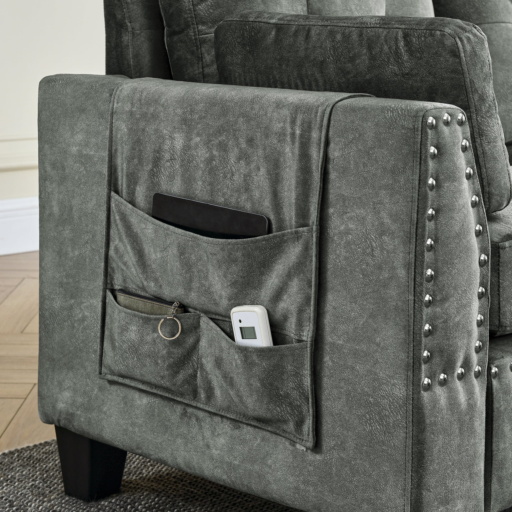 Sectional 3 Seaters Sofa ,Double Sided Multi Functional Footstool, Storage Matnon Slip Leg, Two Pillows, Velvet, Light Grey Light Grey Velvet 3 Seat