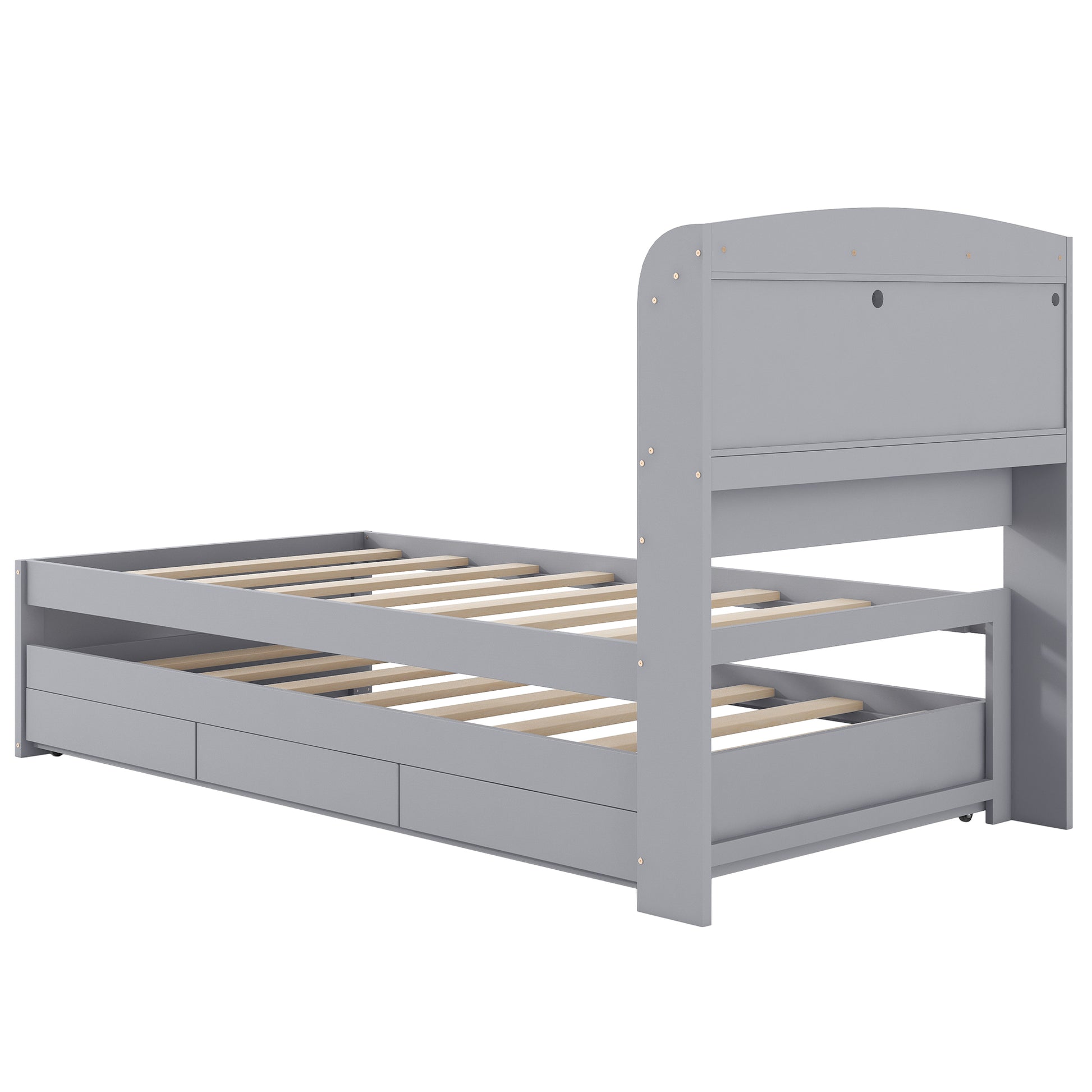 Twin Xl Size Platform Bed With Storage Led Headboard, Charging Station, Twin Size Trundle And 2 Drawers, Gray Box Spring Not Required Twin Xl Gray Wood Bedroom Bed Frame Solid Wood Mdf