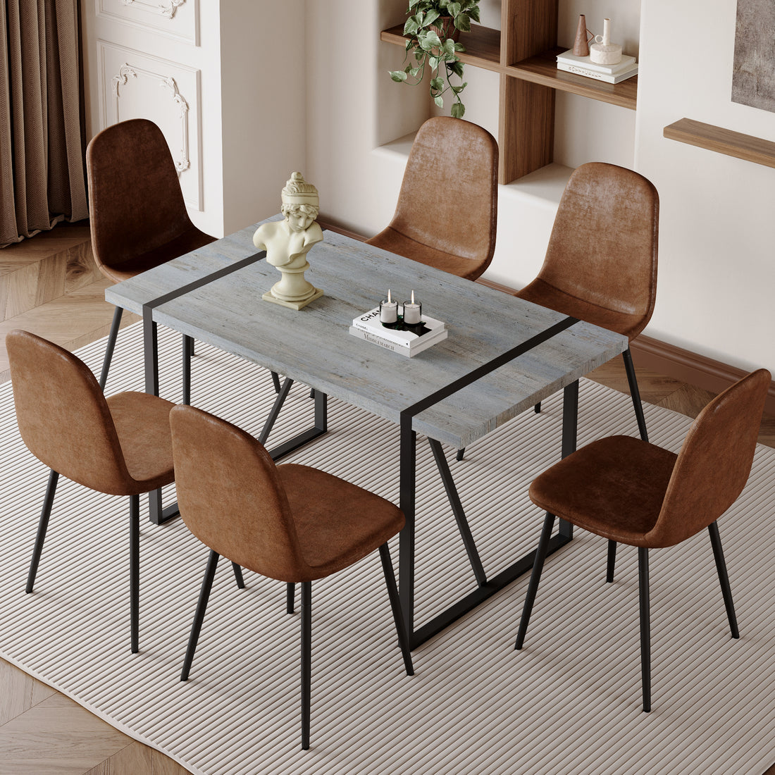 Table And Chair Set. A Minimalist Retro Rectangular Dining Table With A Specially Textured Top And Black Metal Legs, Paired With 6 Soft Chairs And Black Metal Legs, Showcases A Beautiful Home Style.