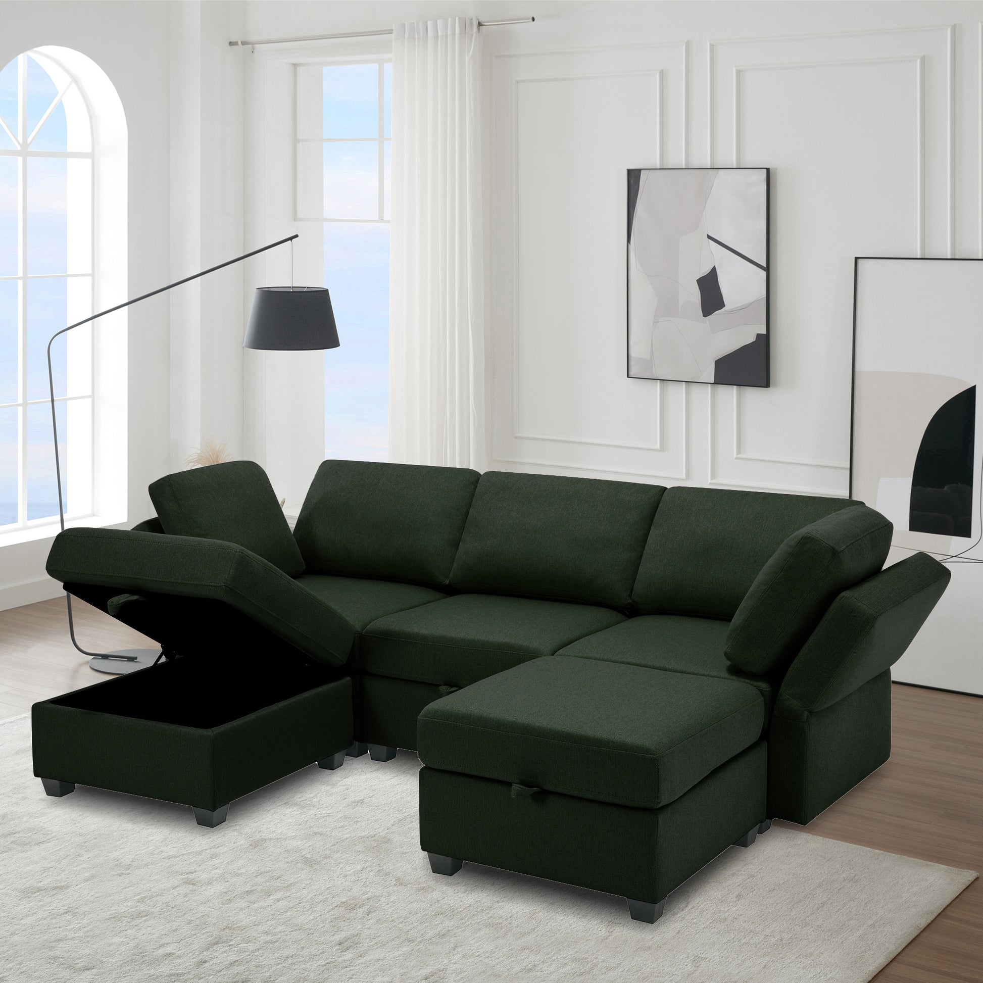 Reversible Sectional Sofa Modern Modular Sectional Couch With Chaise U Shaped Corner Sectional 5 Seater Modular Sofa With Storage Seats, Adjustable Arms And Backs Green Green Polyester 3 Seat