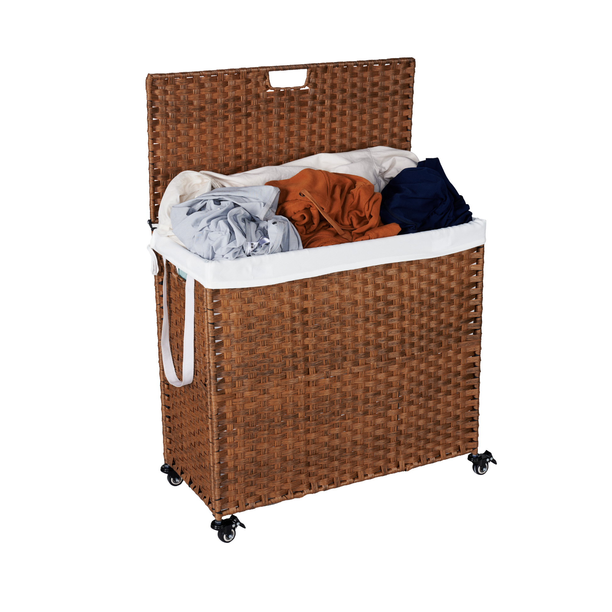 Laundry Hamper With Lid Pe Rattan Powder Coating Frame Clothes Hampers With 02 Removable Bags, Wheels, 160L, Brown Color Brown 1 Bathroom American Design,American Traditional Wicker