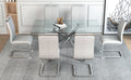 Table And Chair Set.Modern Luxurious Transparent Tempered Glass Dining Table Set.Paried With 6 Light Gray Chairs With Pu Cushion And Silver C Tube Metal Legs. Light Gray,Transparent Seats 6 Glass