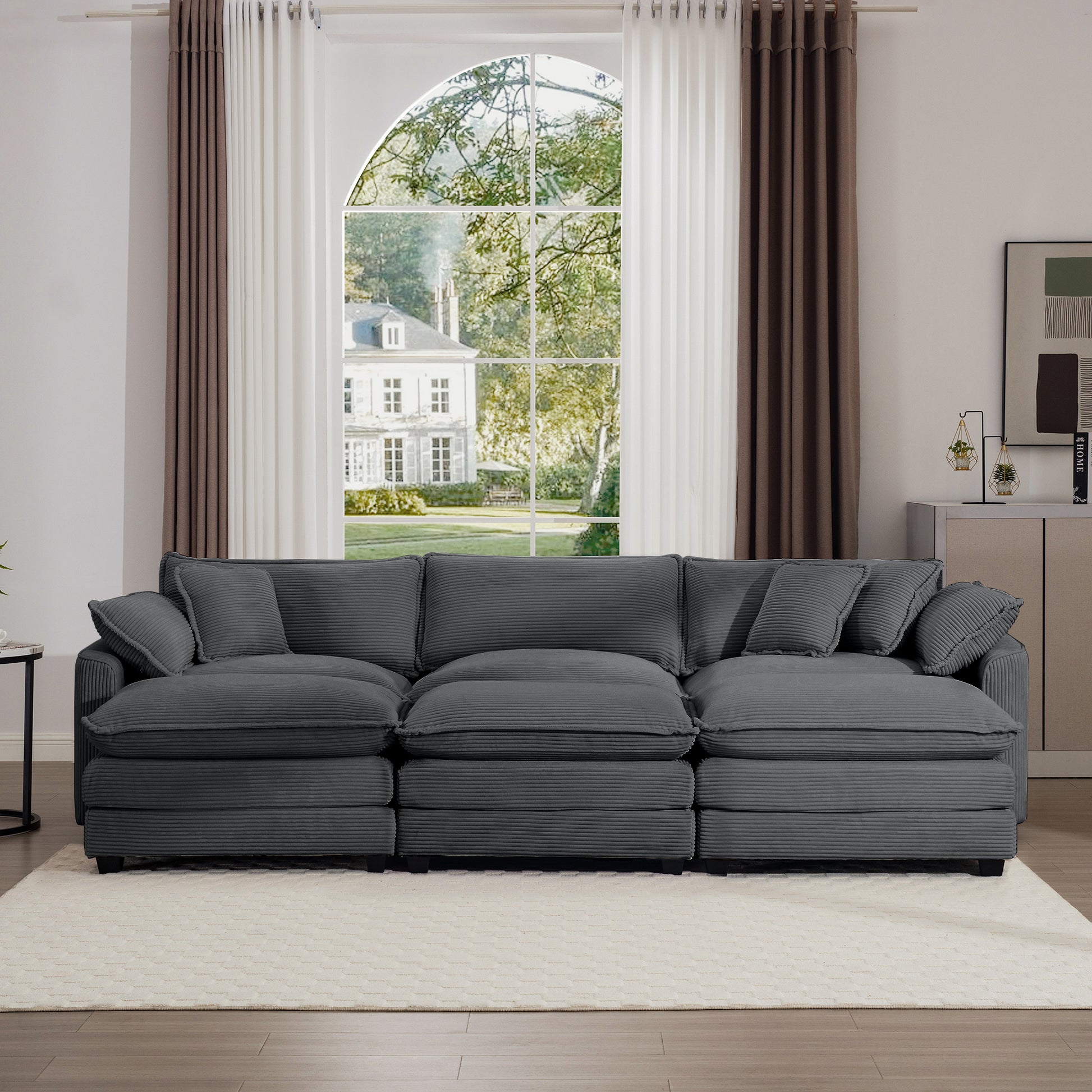 Oversized Modular Cushion Sofa, Portable Ottoman, L Shaped Corner Low Back Deep Seating Spacious Sofa Setfor Home Apartment Living Room Set, Grey Corduroy Grey Corduroy 3 Seat
