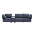 Modular Sectional Sofa,Multifunctional Couches For Living Room With Storage, Mid Console With Speaker And Storage,2 Usb Port And 1 Type C ,Wireless Charging Ceramic Top,Aluminum Cup Holder. Blue Linen Wood Primary Living Space Medium Soft Loose Back