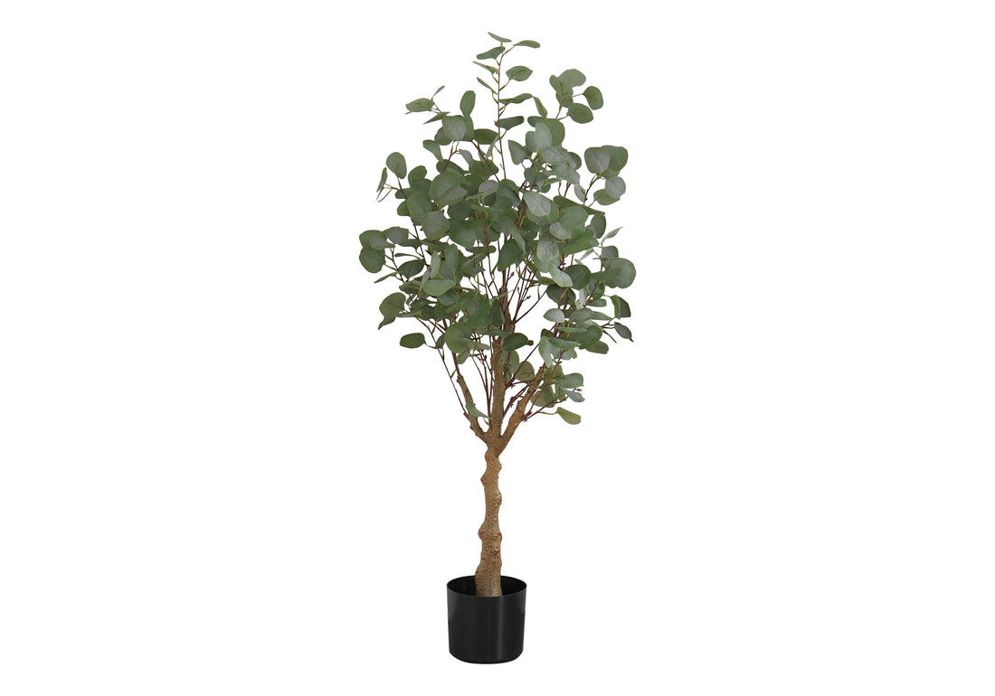 Artificial Plant, 46" Tall, Eucalyptus Tree, Indoor, Faux, Fake, Floor, Greenery, Potted, Decorative, Green Leaves, Black Pot Green Foam Plastic