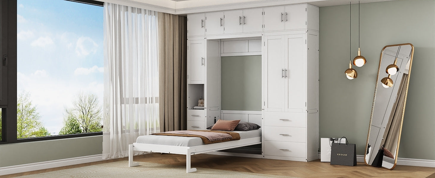 Twin Size Murphy Bed With Lockers And Wardrobes, With Installation Video, White Box Spring Not Required Twin White Murphy Solid Wood Mdf