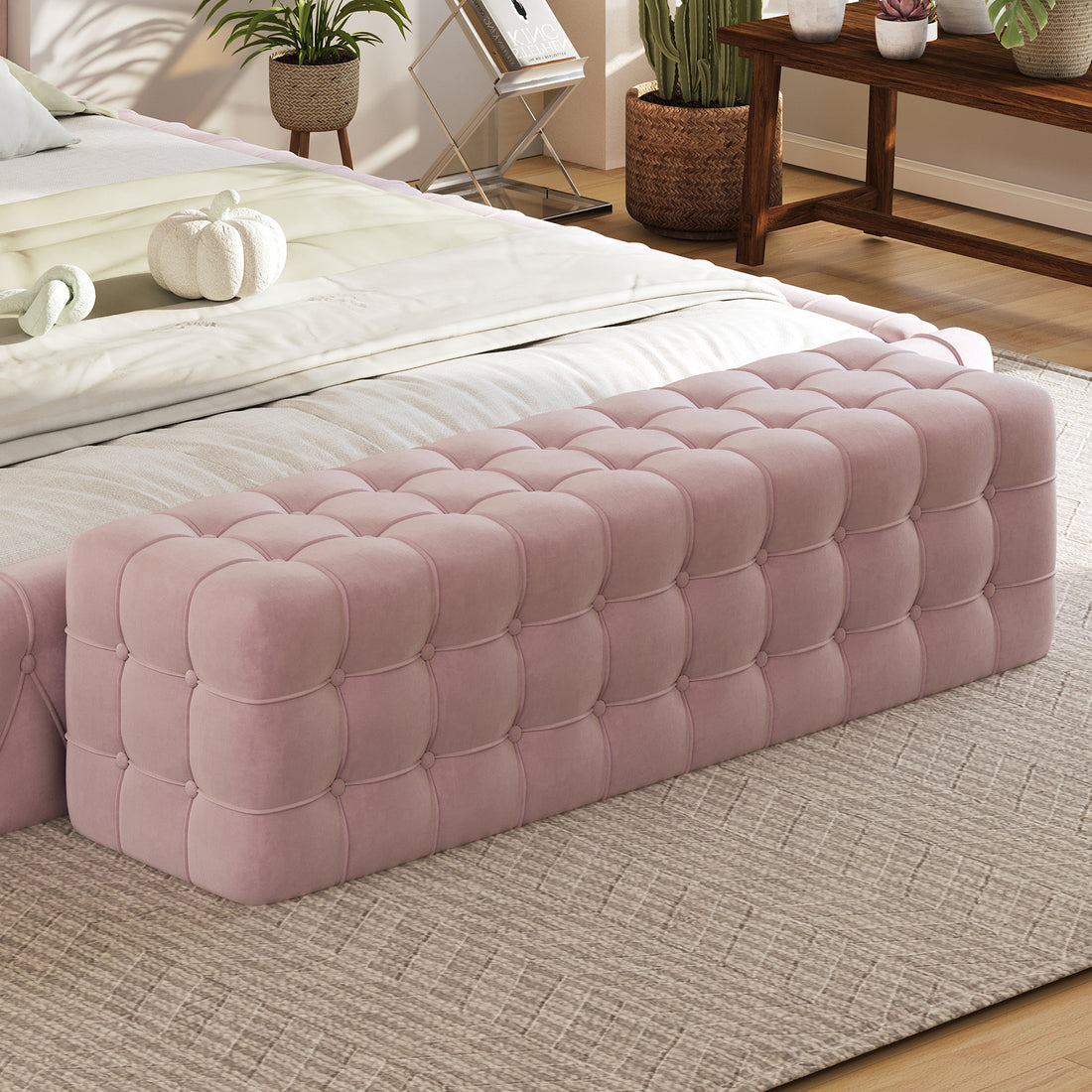 All Covered Velvet Upholstered Ottoman, Rectangular Footstool, Bedroom Footstool, No Assembly Required, Elegant And Luxurious, Pink Pink Mdf