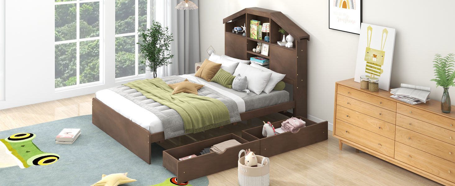 Full Size Wood Platform Bed with House shaped Storage box spring not