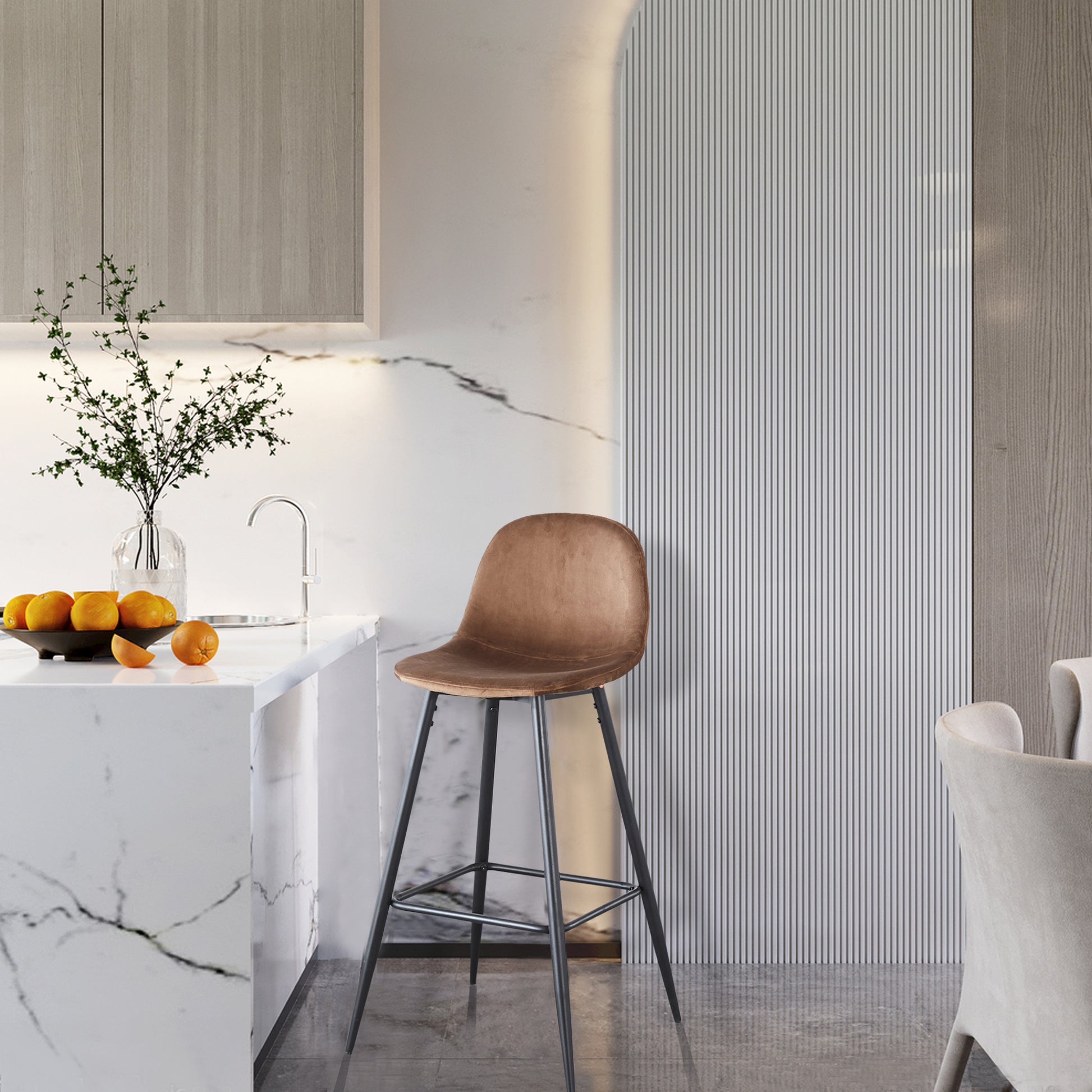 Bar Stools Set Of 2, 30 Inches Velvet Barstool Modern Counter Bar Height Chair With Back, Sturdy Metal Legs & Footrests, Easy Assembly, Island Stool For Kitchen Bar Brown Velvet