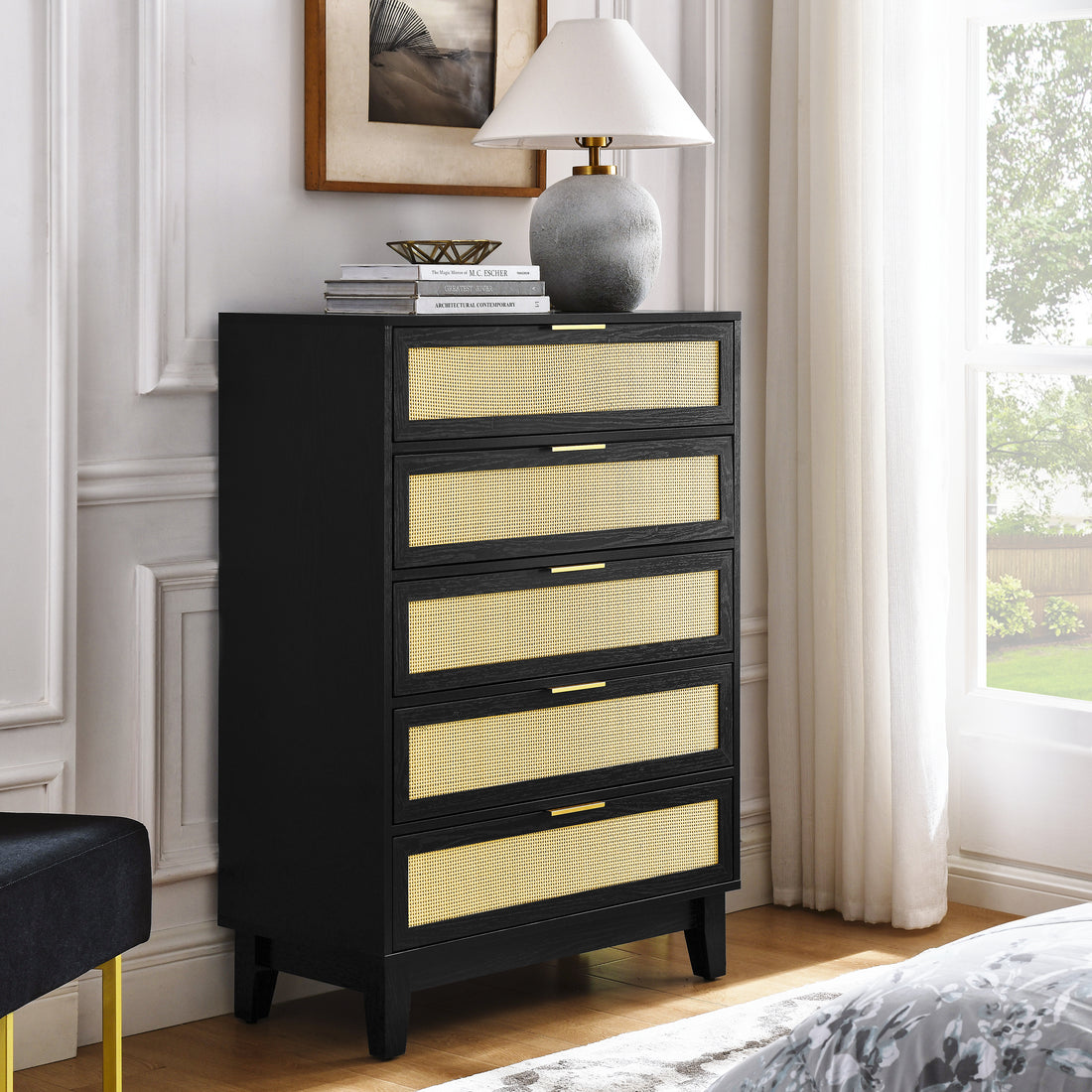 Bedroom 5 Drawer Dresser, Rattan Dresser Modern Wooden Chest Of Drawers With Spacious Storage Space For Bedroom Hallway Living Room Black Solid Wood Mdf