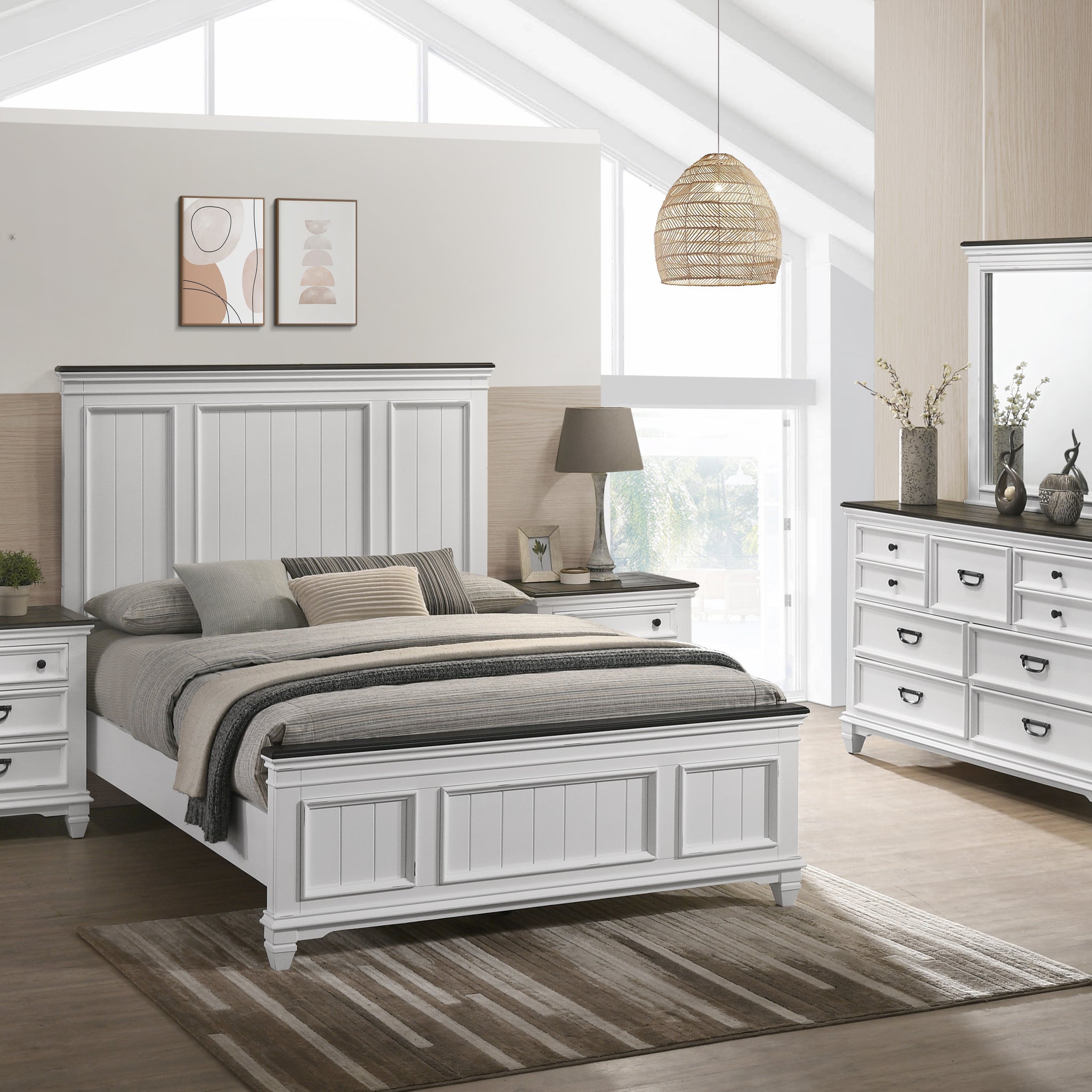 Clelane Wood Bedroom Set With Lap Panel Queen Bed, Dresser, Mirror, And Two Nightstands Box Spring Required Queen Antique White Gray Wood White 5 Piece Set Bedroom Bed Included,Dresser Included,Mirror Included,Nightstand Included Contemporary,Modern