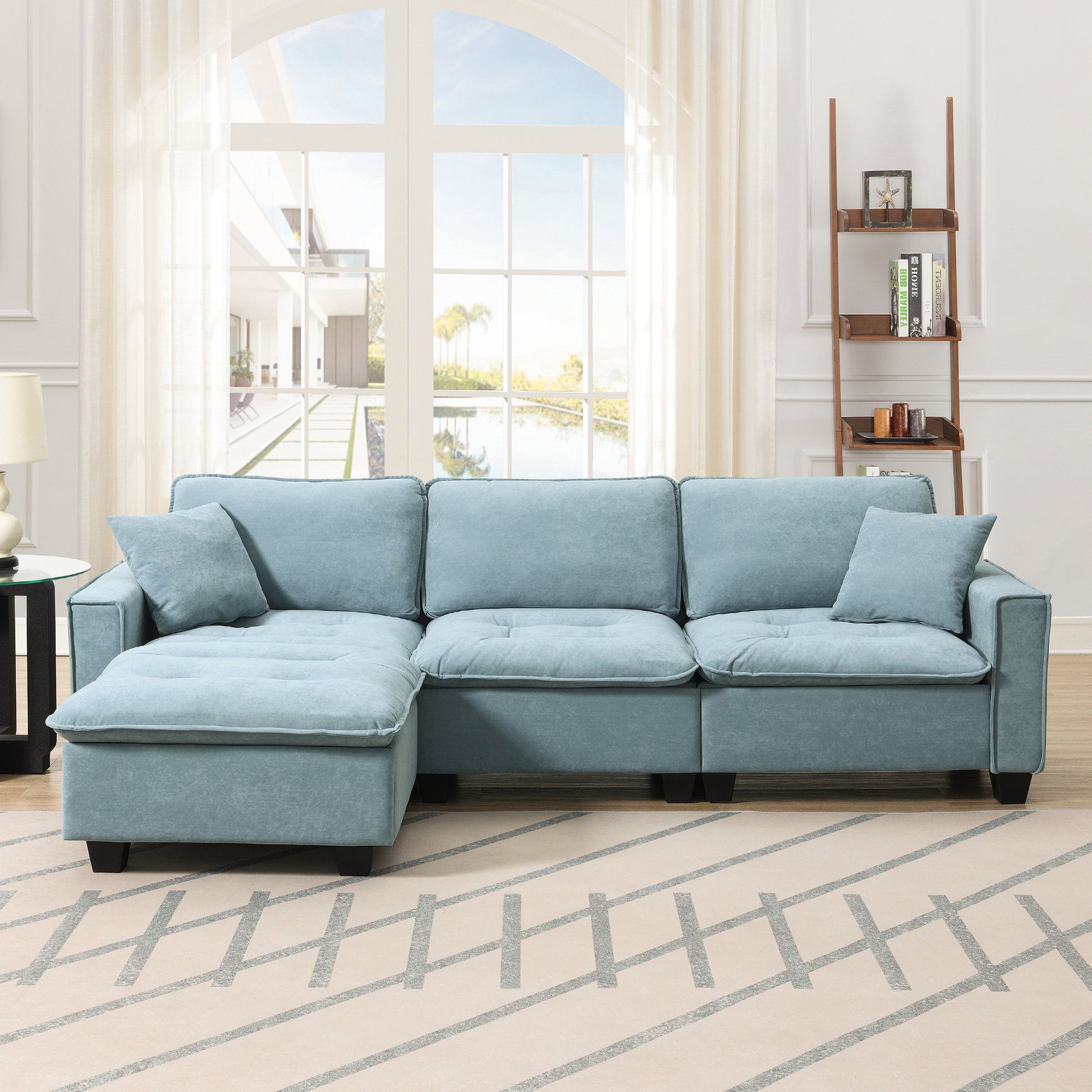 100*59" Modern Convertible Sectional Sofa,L Shaped Reversible Couch Set With Free Pillows,4 Seat Suede Velvet Sleeper Sofa With Ottoman For Living Room,Apartment,Office,3 Colors Light Blue Suede 4 Seat