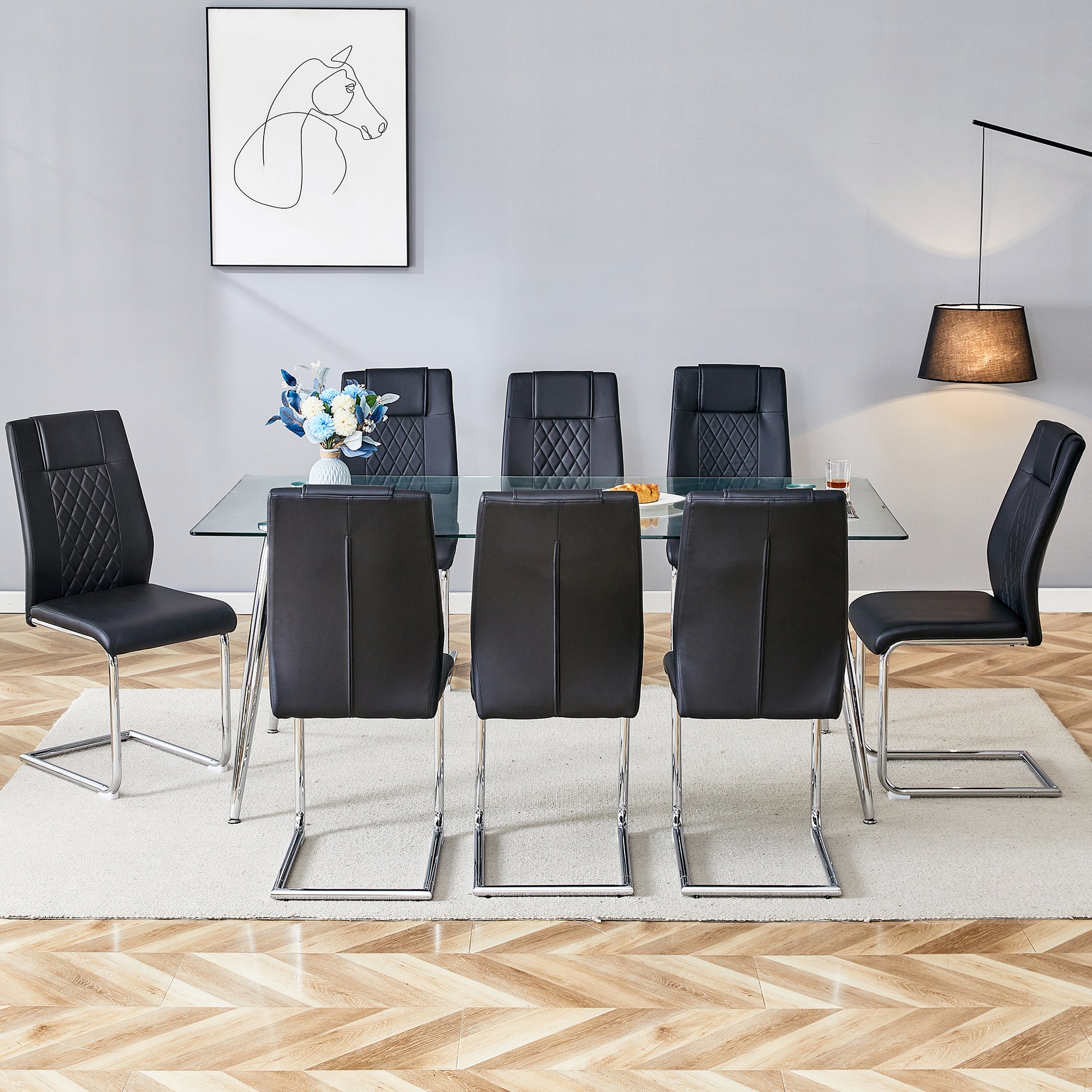 Table And Chair Set.Modern Rectangular Glass Dining Table With A Tempered Glass Tabletop And Silver Metal Legs, Paired With Multiple Chairs Designed With Pu Cushions And Silver Metal Legs. Black Silver Seats 8 Tempered Glass