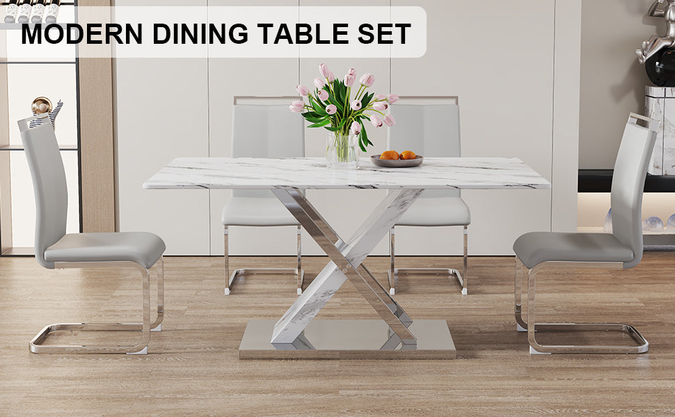 Table And Chair Set, Modern Dining Table, Imitation Marble White Top And Silver Legs, Soft And Comfortable Dining Chair, Perfect For Dinner, Meetings, Home And Office Decor Grey Silver Glass Metal