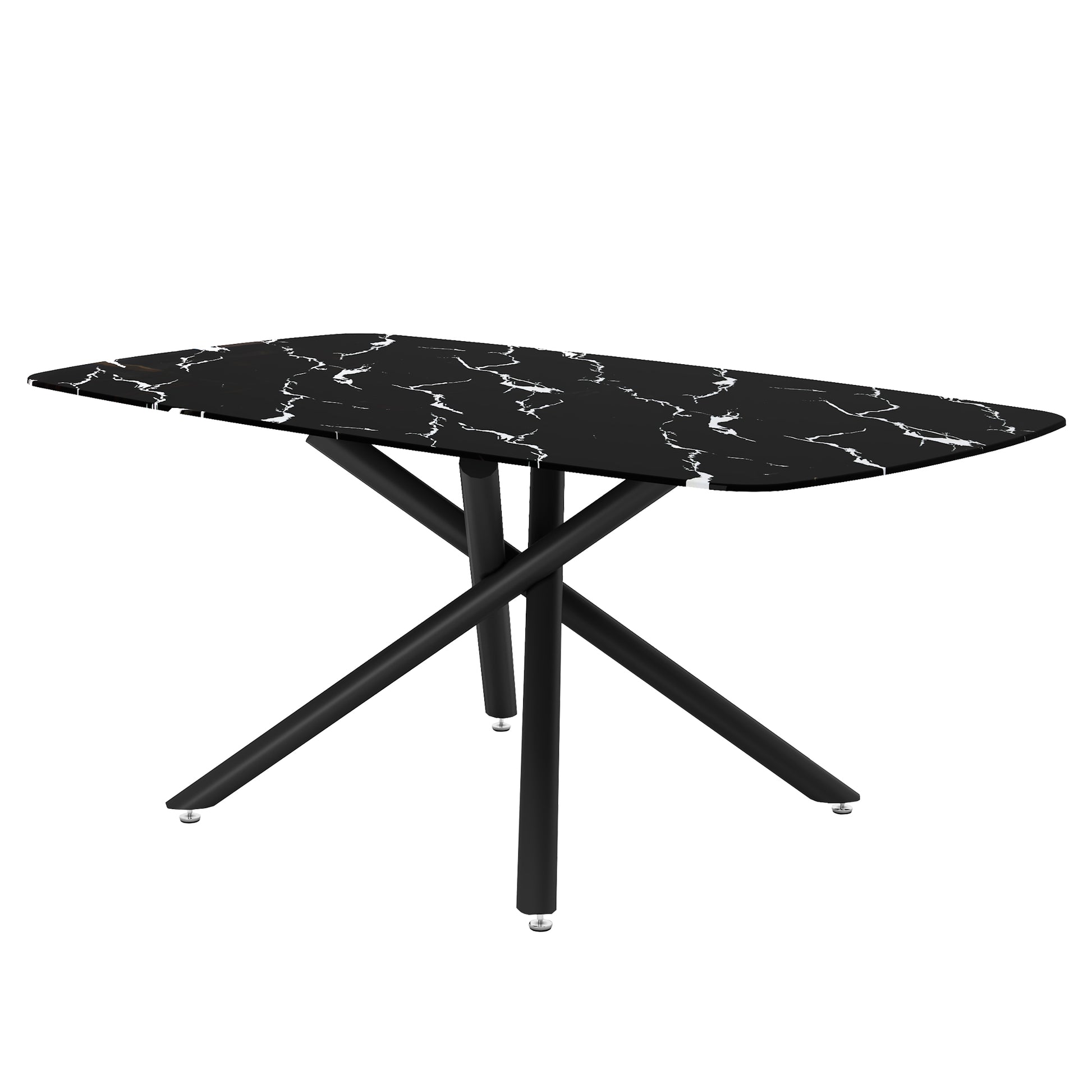 Large Modern Minimalist Rectangular Dining Table With 0.39 "Imitation Marble Black Tabletop And Black Metal Legs, Suitable For Kitchen, Dining Room, Living Room, Conference Room, And Banquet Hall 1537 Black Glass Metal