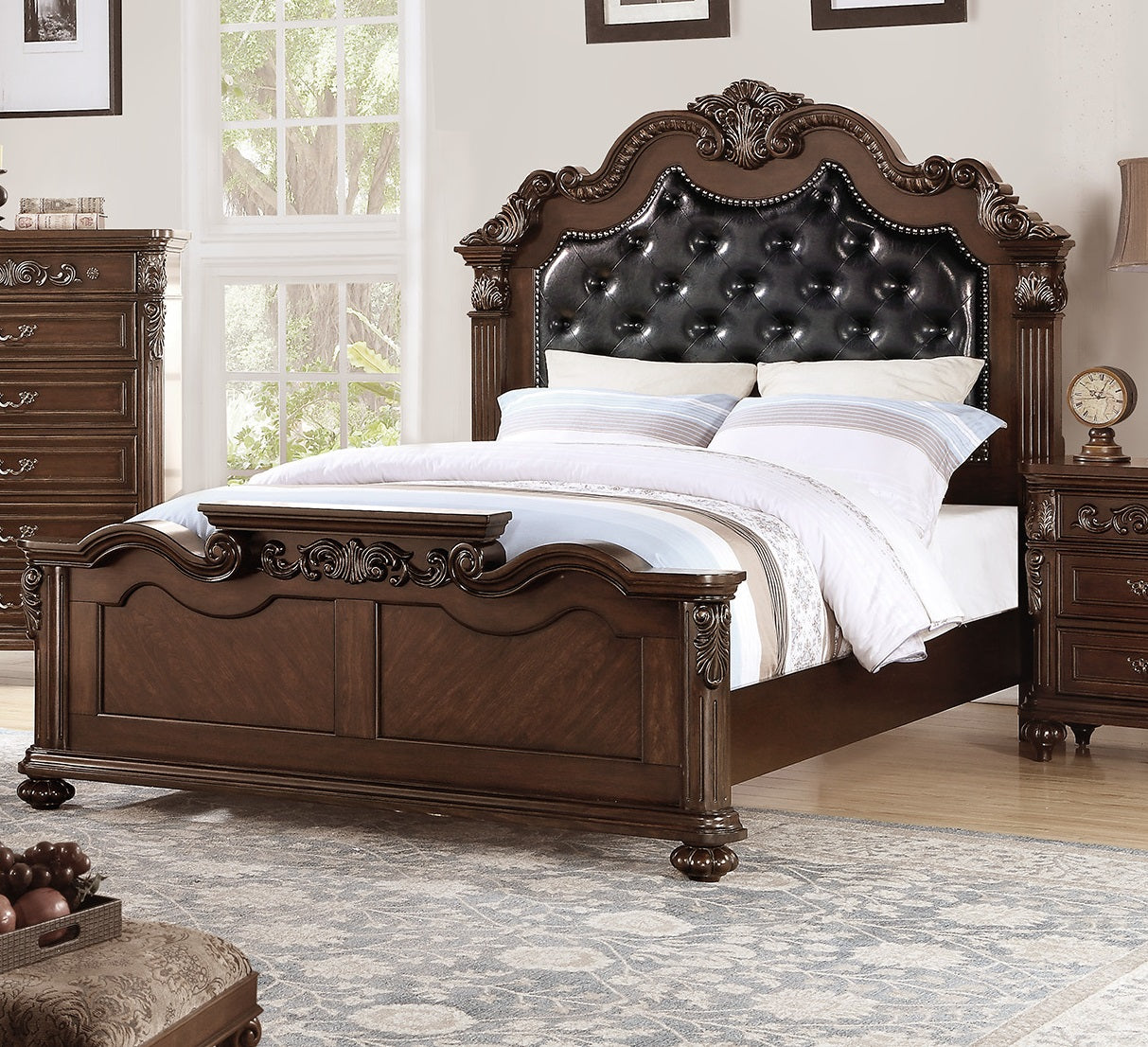 Gorgeous Traditional Antique Cherry 1Pc Eastern King Size Bed Tufted Faux Leather Headboard Wooden Bedframe Box Spring Required King Cherry,Walnut Wood Bedroom Classic,Luxury,Traditional Pine Bed