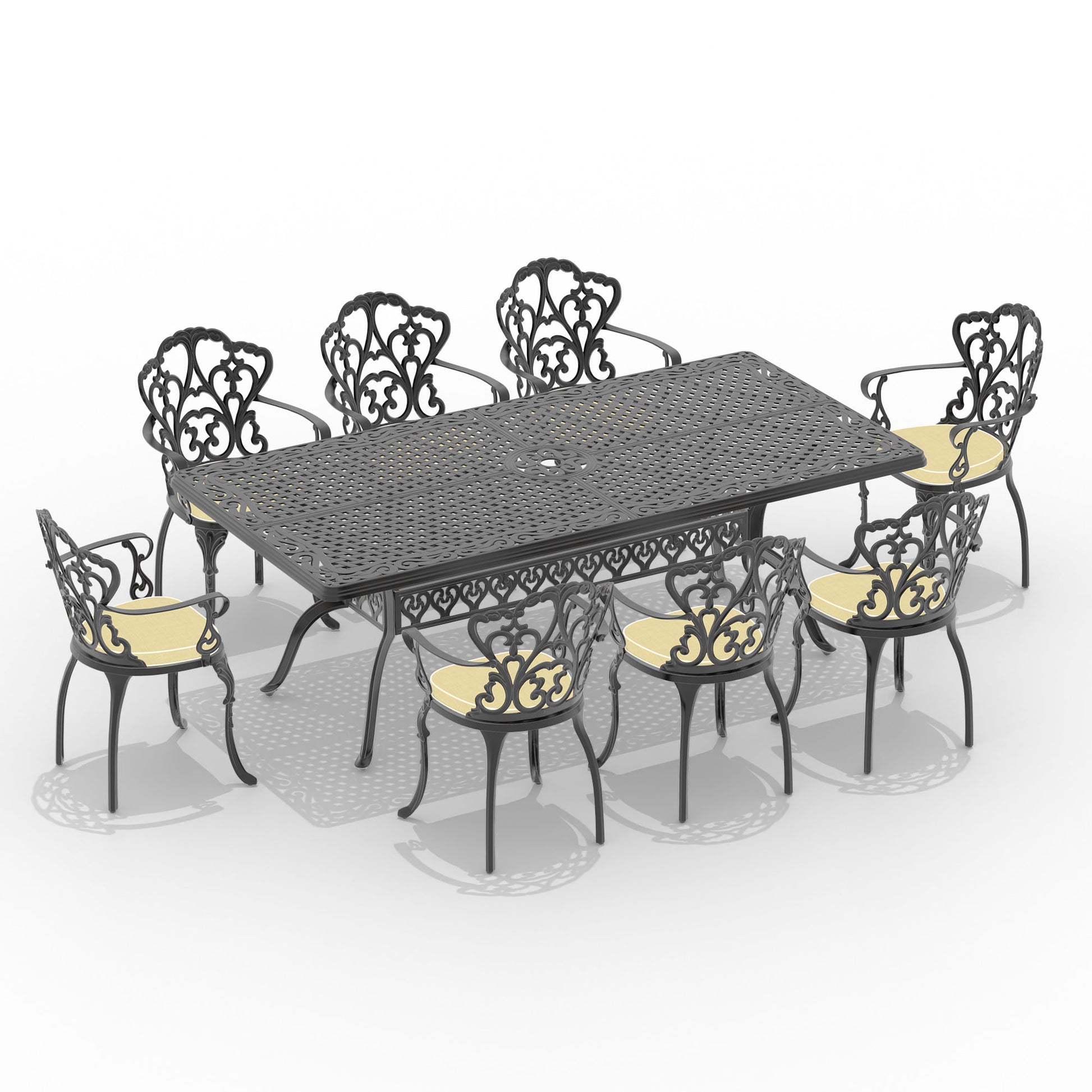 Cushions In Random Colors 9 Piece Set Of Cast Aluminum Patio Furniture With Cushions Yes Dining Set Black Seats 8 Rust Resistant Frame Water Resistant Cushion Garden & Outdoor Complete Patio Sets Aluminium