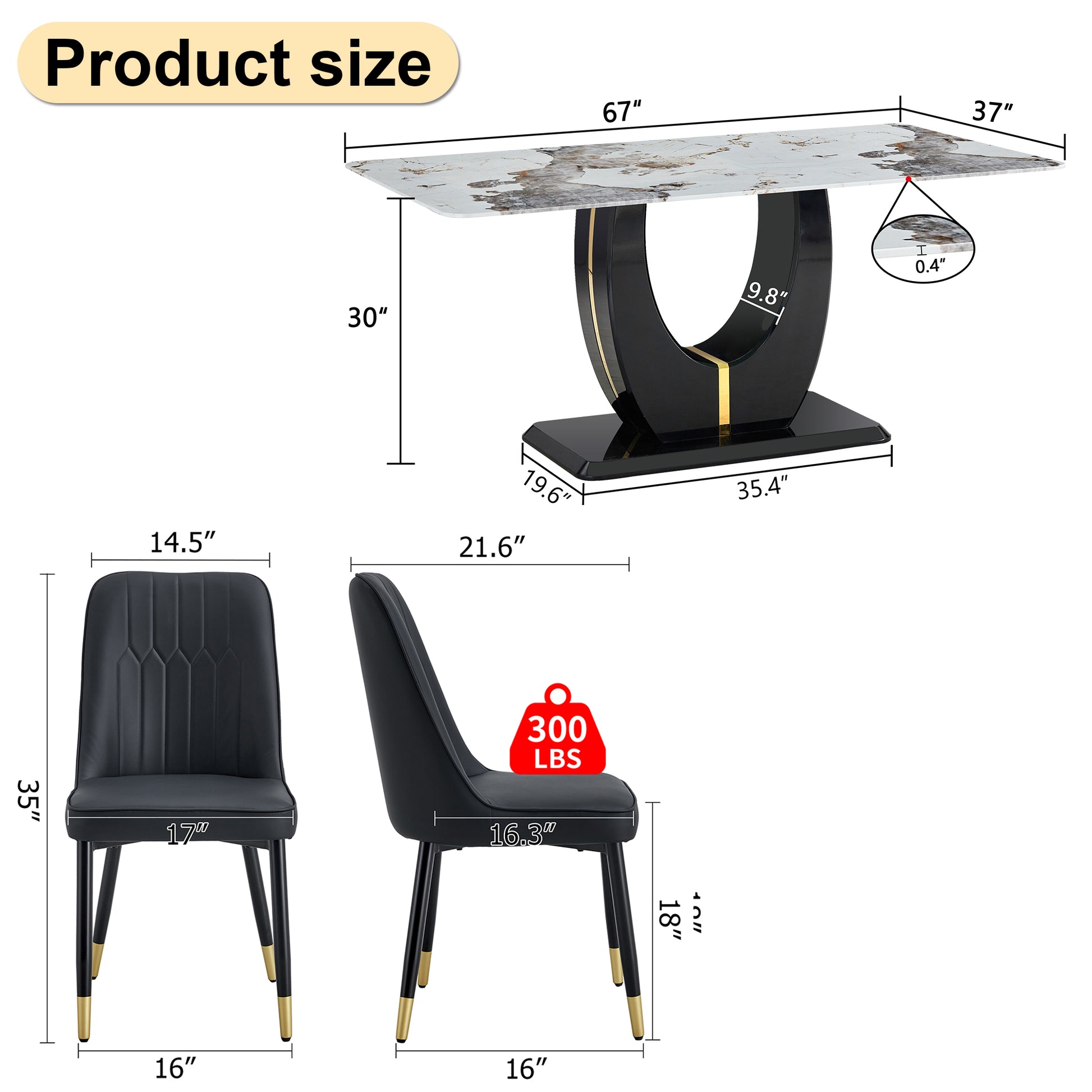 Table And Chair Set, Modern Dining Table, Patterned Table Top And Black Mdf Leg Table, Soft And Comfortable Dining Chair, Perfect For Dinner, Meetings, Home And Office Decor Black Mdf Glass