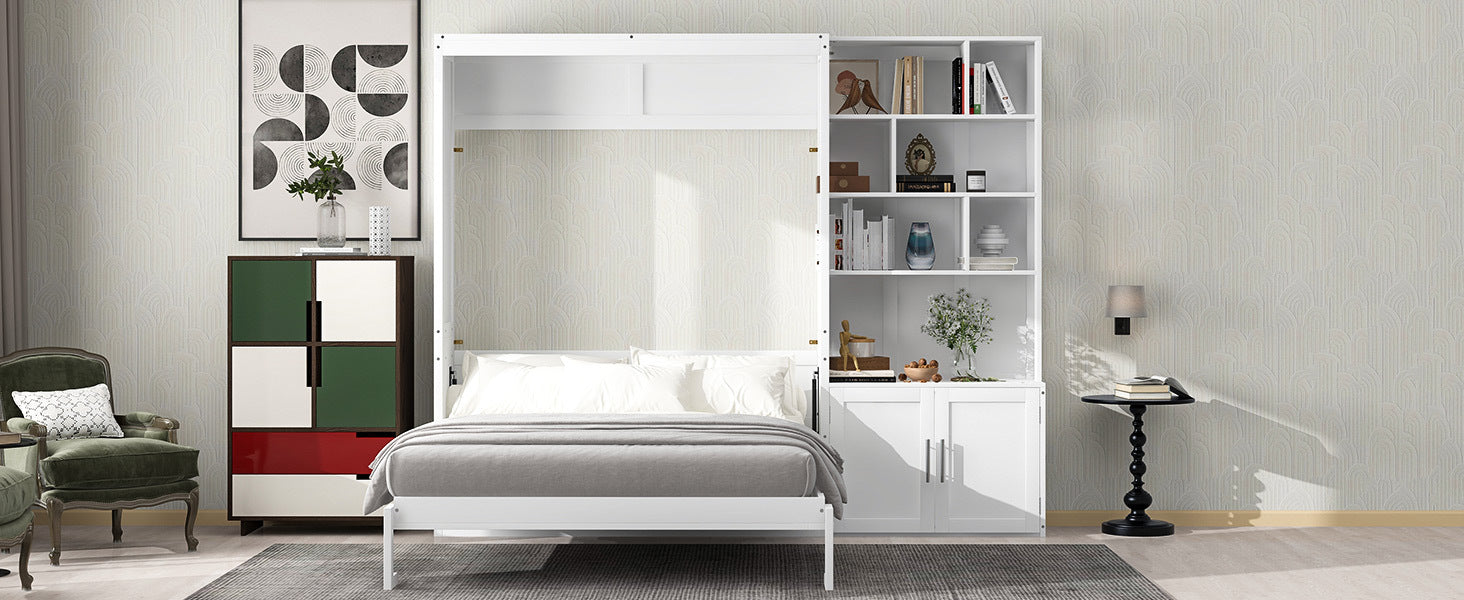 Full Size Murphy Bed With Multiple Storage Shelves And A Cabinet, White Box Spring Not Required Full White Wood Bedroom Murphy Solid Wood Mdf
