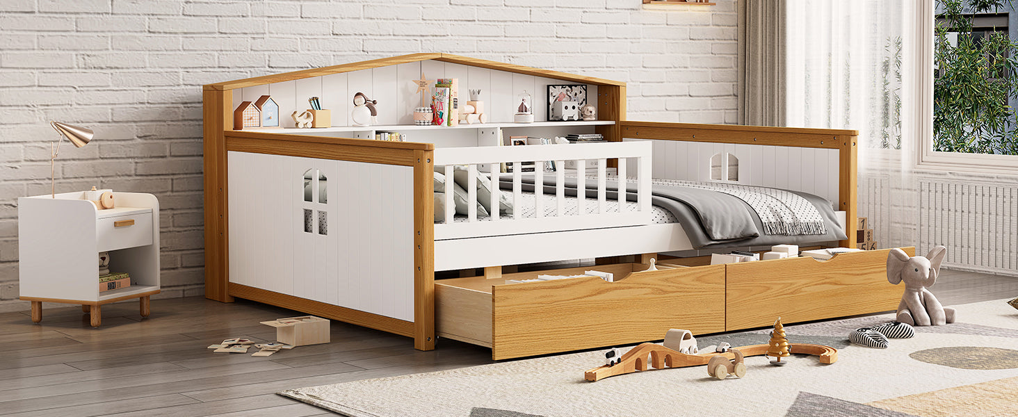Full Size House Shape Daybed With Two Drawers And Bookcase Headboard Wooden Bed For Girls Boys Teens, No Box Spring Needed, Walnut And White Box Spring Not Required Full White Walnut Wood Bedroom Cute Pine Bed Frame Wood