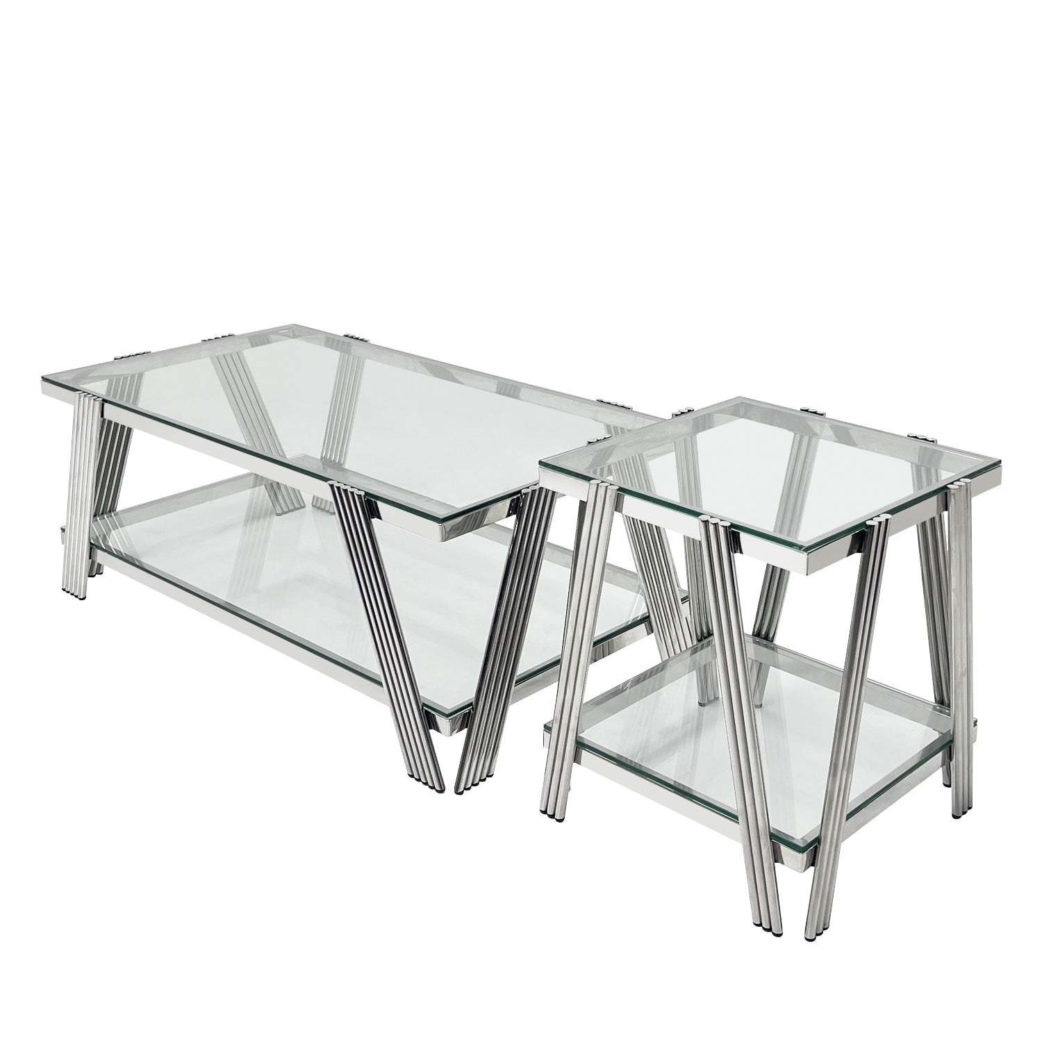 Modern Stainless Steel Coffee Table Set Set Of 2 , Double Layer Clear Tempered Glass Table Top, Coffee Table & End Side Table 2 Pieces Sets For Living Room Home Office, Silver Clear,Silver Modern