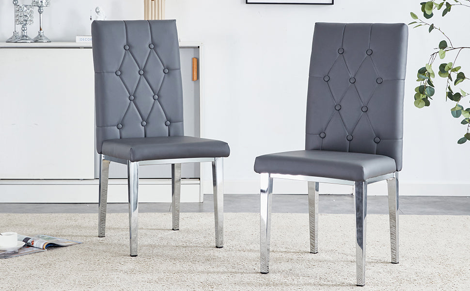 2 Piece Set Of Gray Armless Dining Chairs Brings A Touch Of Elegance And Mystery To The Dining Area With Its Deep Gray Tone,The Grid And Buckle Design Of The Back Add A Vintage Yet Fashionable Touch Gray Set Of 2 Pu