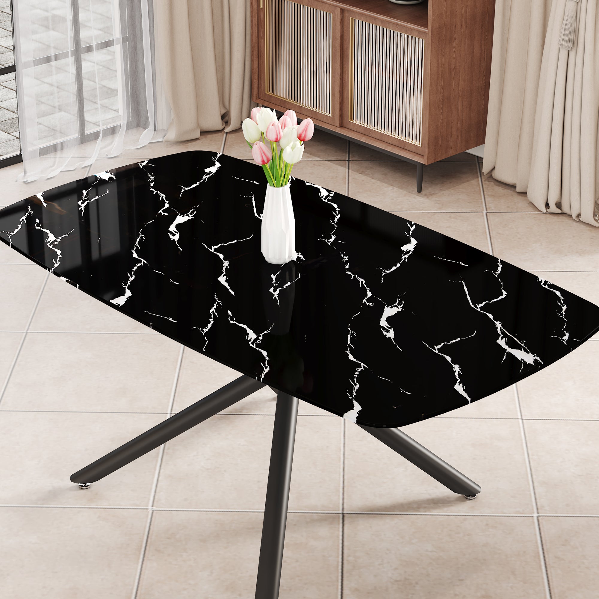 Large Modern Minimalist Rectangular Dining Table With 0.39 "Imitation Marble Black Tabletop And Black Metal Legs, Suitable For Kitchen, Dining Room, Living Room, Conference Room, And Banquet Hall 1537 Black Glass Metal