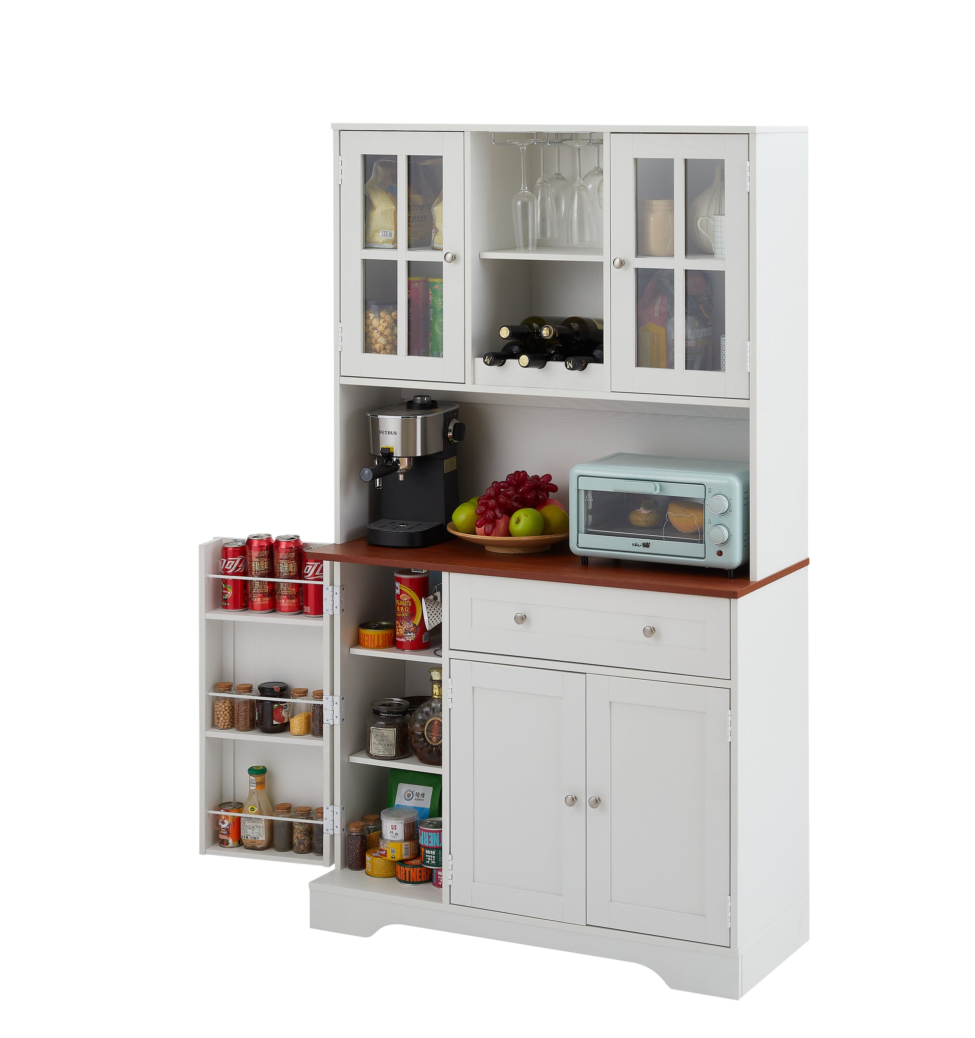 Kitchen Pantry Storage Cabinet, Modern Buffet Cabinet With Hutch, Tall Kitchen Hutch Cabinet With Microwave Stand, Food Pantry Cabinet For Dining Room, White, 39''W X 15.7''D X 68''H. White Particle Board