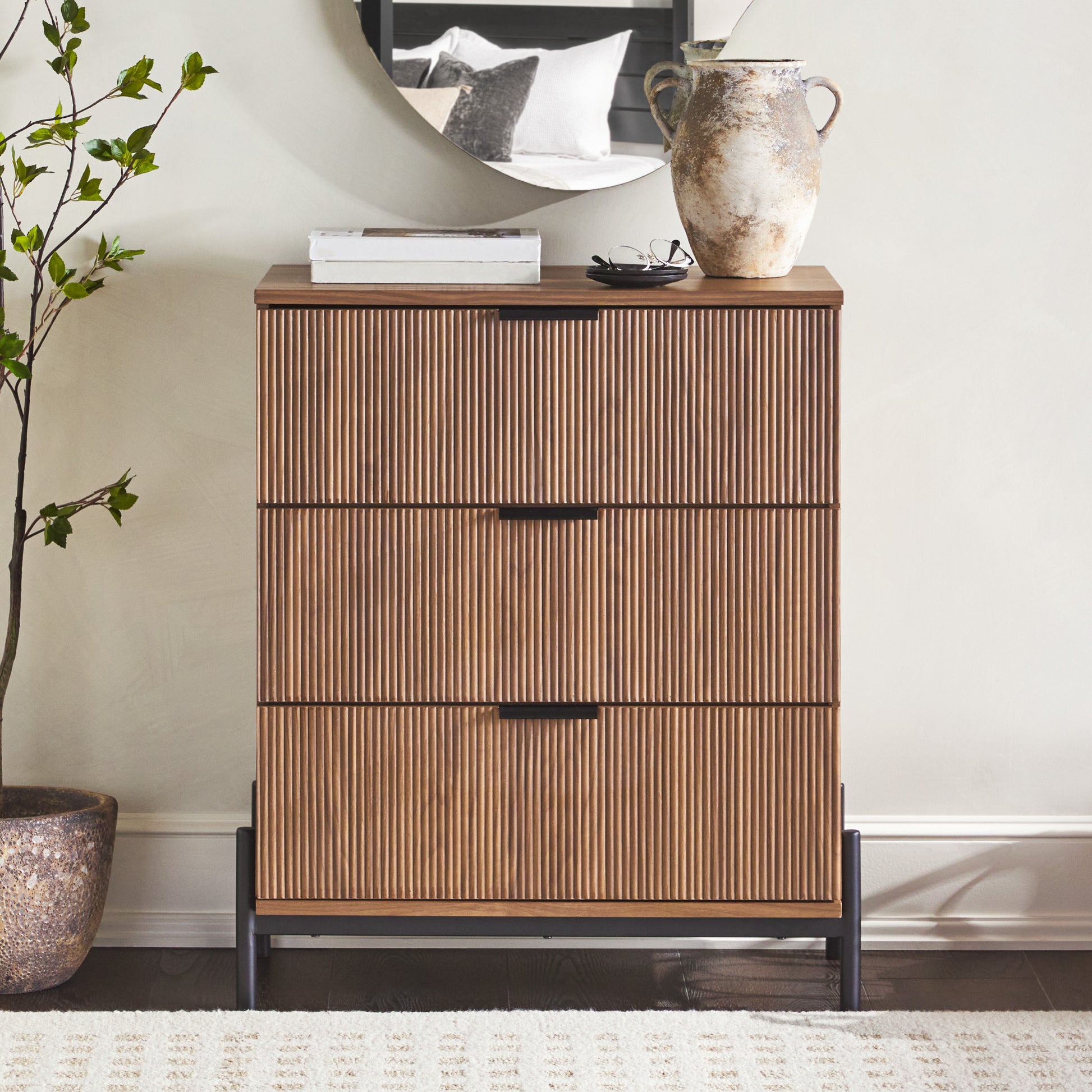 Mid Century 3 Drawer Chest With Reeded Drawer Fronts, Mocha Coffee Mdf Mdf