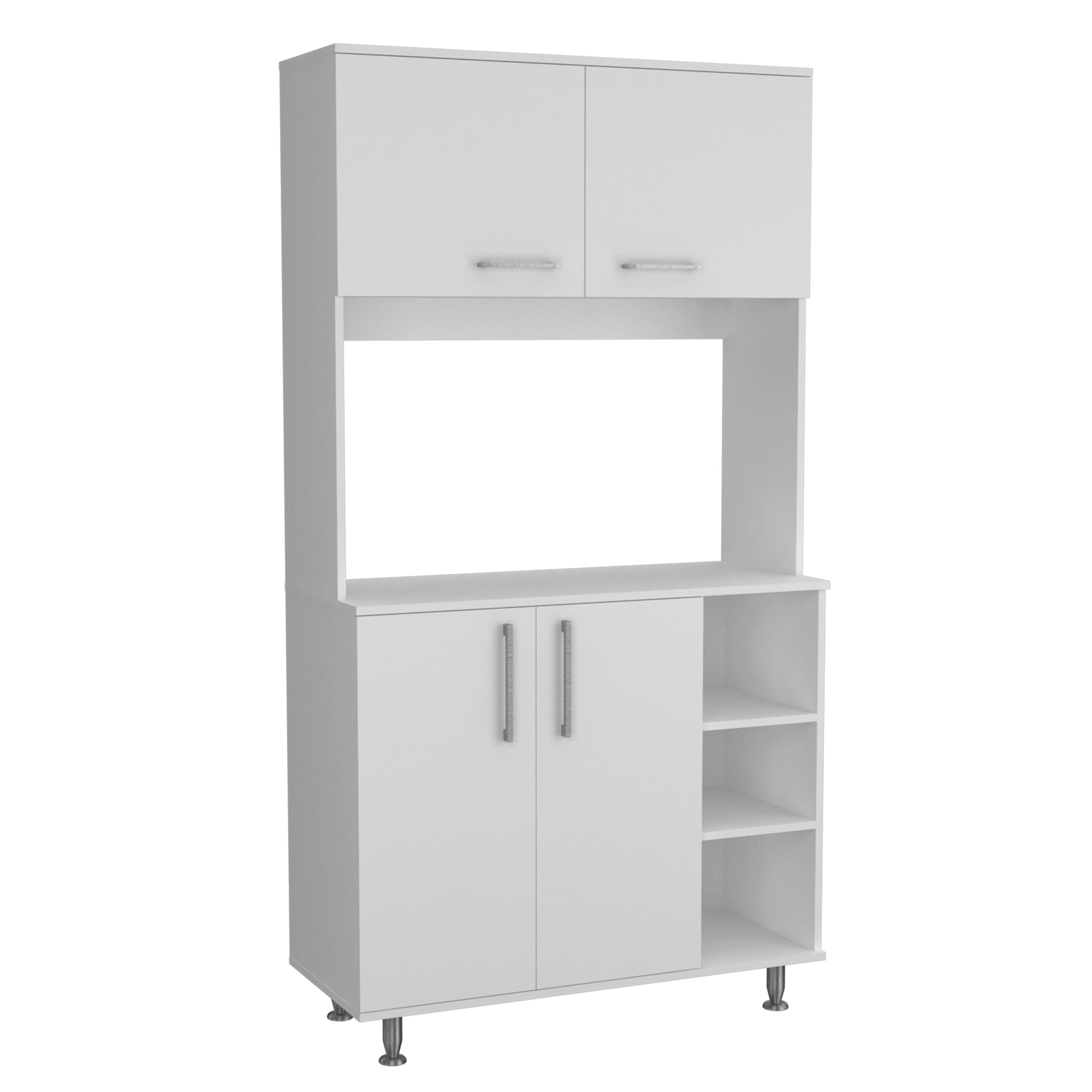 Kitchen Pantry Double Door Cabinet, Four Legs, Three Shelves, White White Solid Wood Mdf Engineered Wood