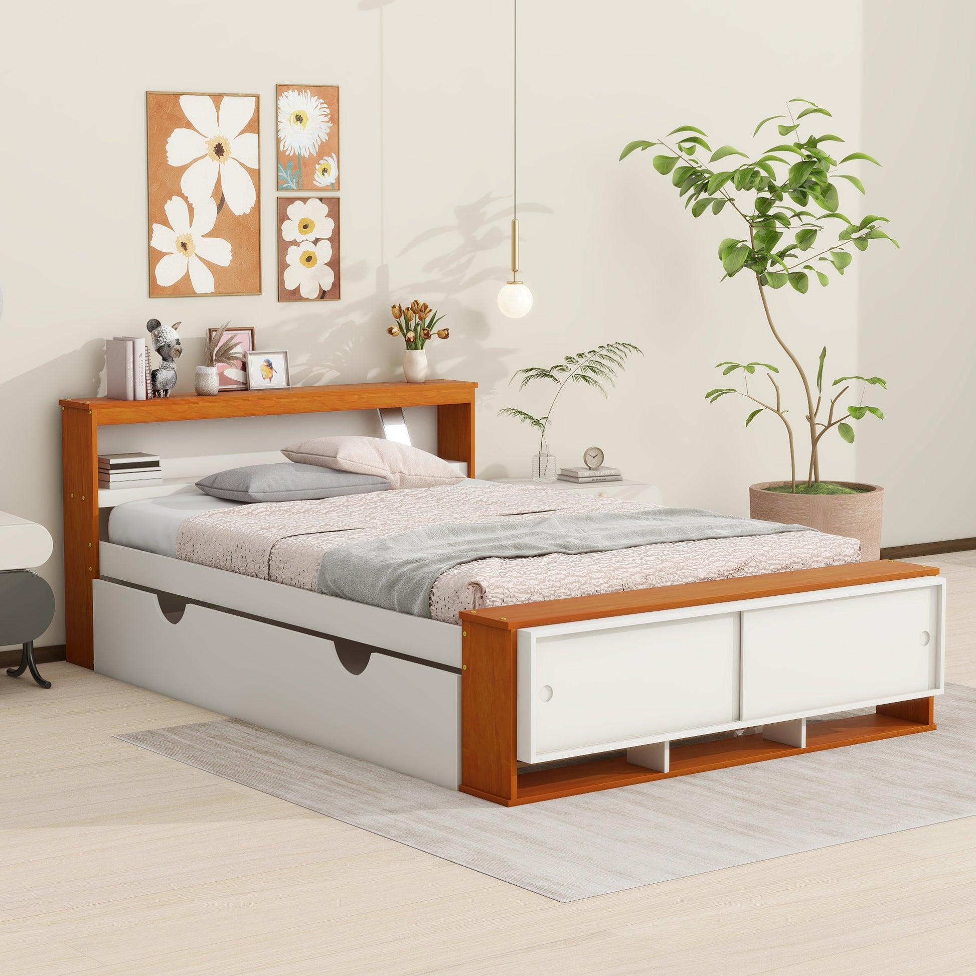 Full Size Platform Bed With Trundle,Storage Headboard And Footboard,Usb Charging Design,White Natural Full White Natural Solid Wood Mdf