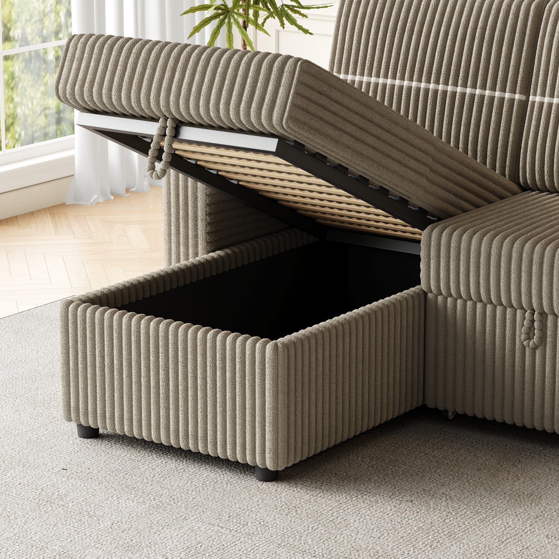 85 Inches Corduroy Sofa Bed, 3 Seater Sleeper Sofa With Storage Chaise, Square Handrail With Two Cup Holder And Usb Charge Port, Pull Out Couch For Living Room Brown Corduroy 3 Seat