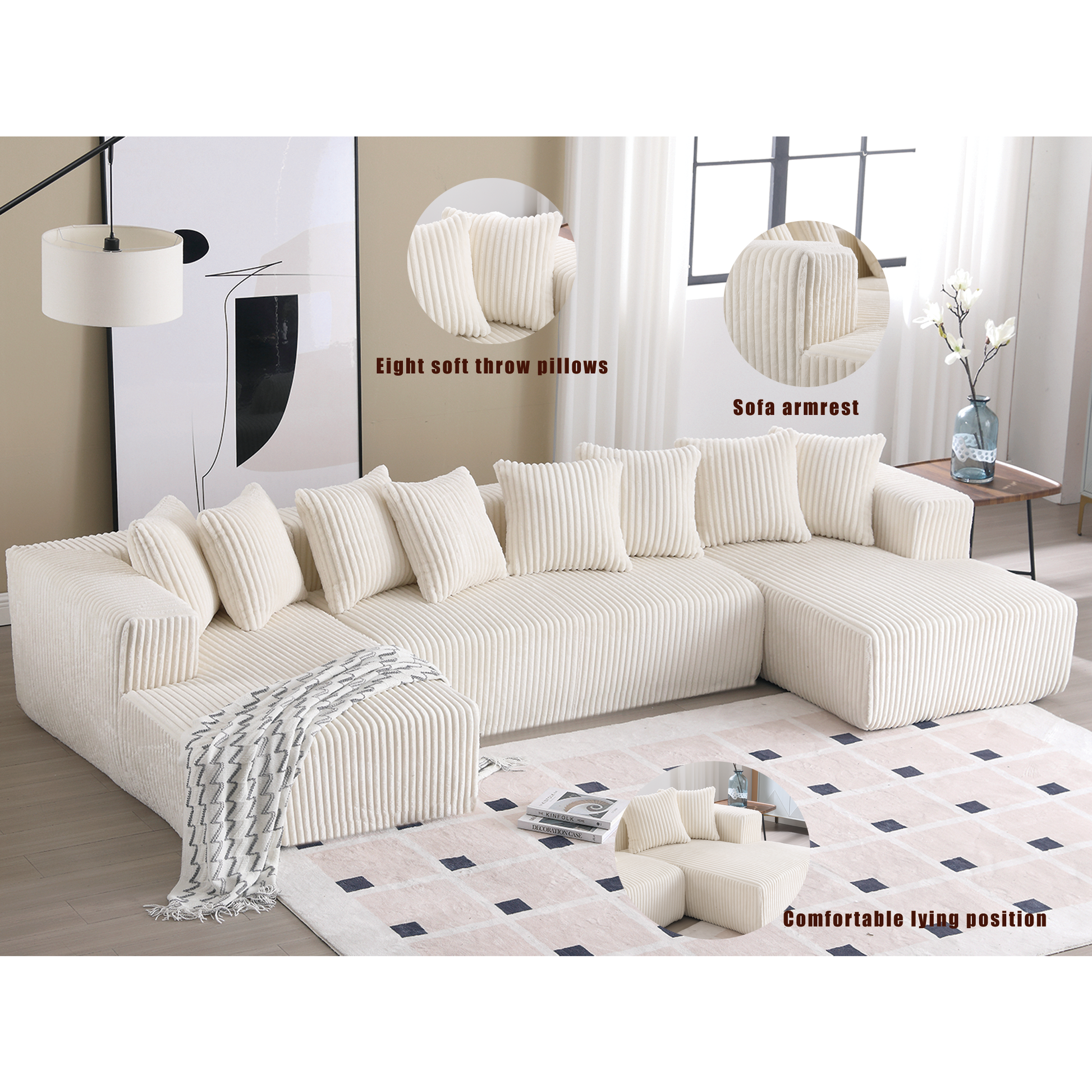 Arrived 131'' Modular Sectional Couch, U Shaped Sofachaise Lounge, Striped Fabric,Upholstered 4 Seater Couch For Living Room, Bedroom, Free Combination Sofa Corduroy ,White White Polyester Primary Living Space Soft Modern Square Arms Foam Upholstered 4