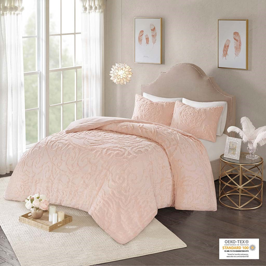 3 Piece Tufted Cotton Chenille Medallion Comforter Set Blush Full Queen Full Blush Cotton