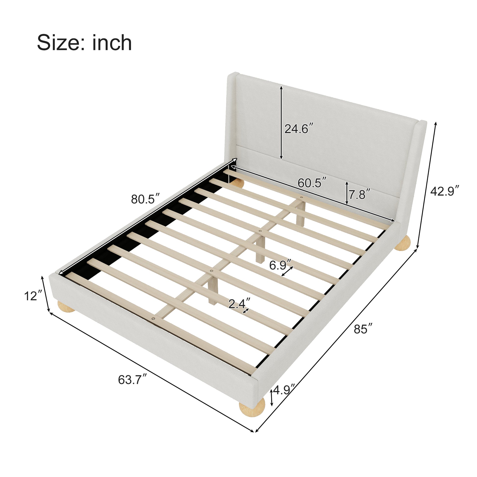 Modern Boucle Upholstered Platform Bed With Wingback Headboard And Round Wooden Legs, Beige,Queen Size Box Spring Not Required Queen Beige Wood Bedroom Modern Bed Frame Boucle Wood