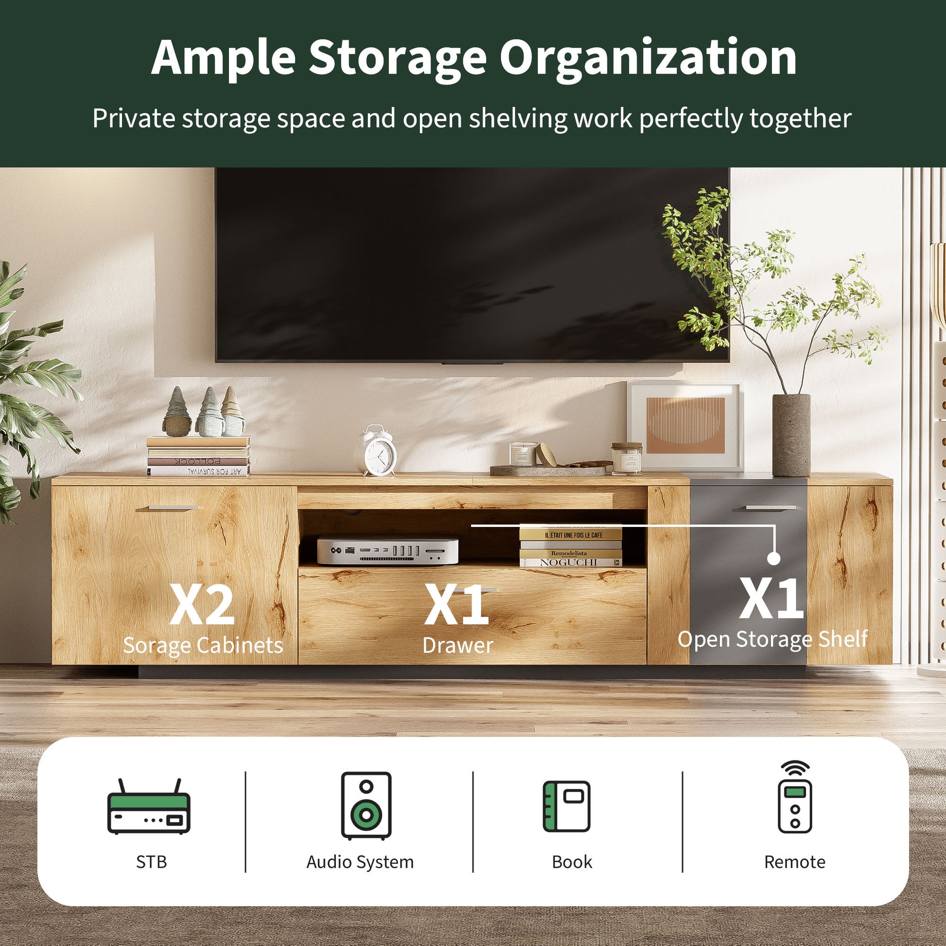 70'' Modern Tv Stand With 3 Cabinets& Drawer, Entertainment Center For Tvs Up To 80'', Color Matching Television Console For Living Room, Bedroom, Home Theatre Grey,Natural Wood Brown Primary Living Space 70 79 Inches 70 79 Inches 70 Inches Particle